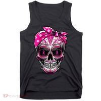 Sugar Skull Pink Ribbon Calavera Funny Breast Cancer Tank Top thumb 0
