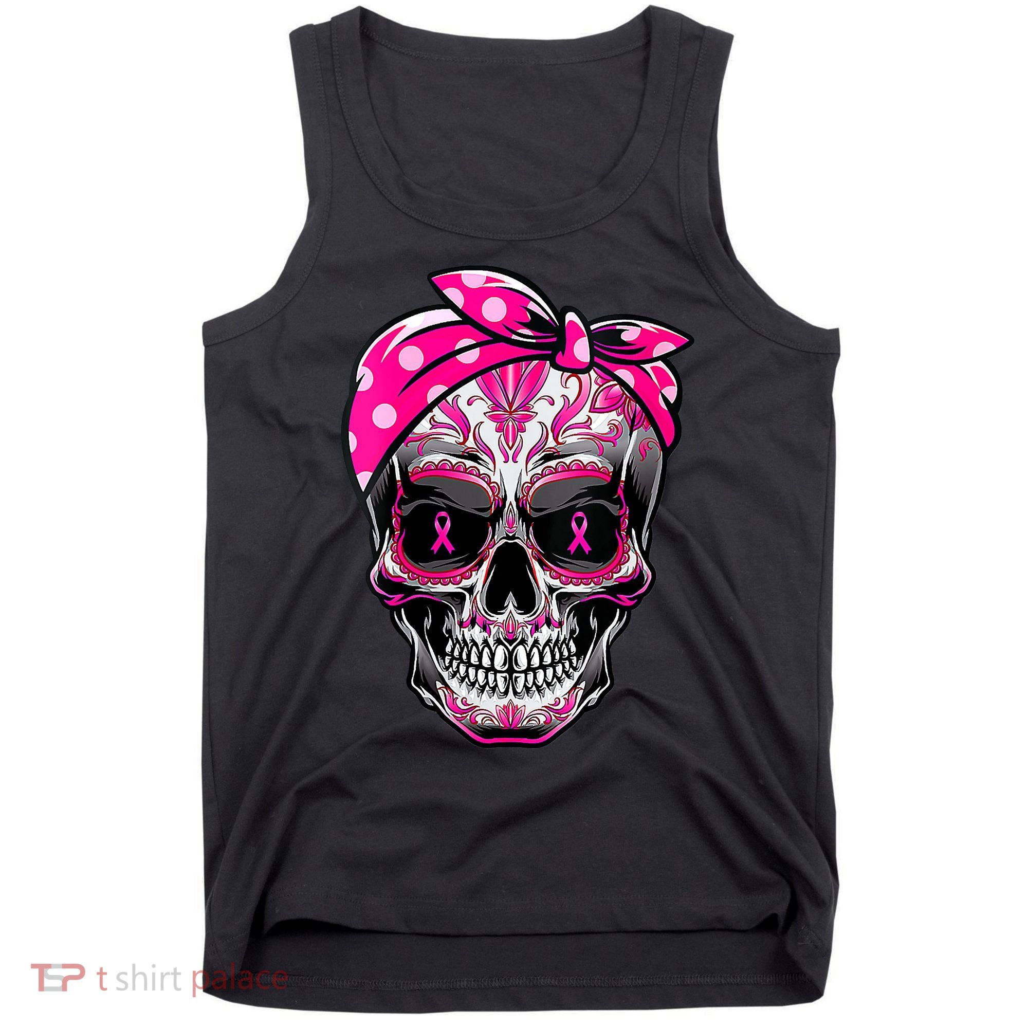 Sugar Skull Pink Ribbon Calavera Funny Breast Cancer Tank Top