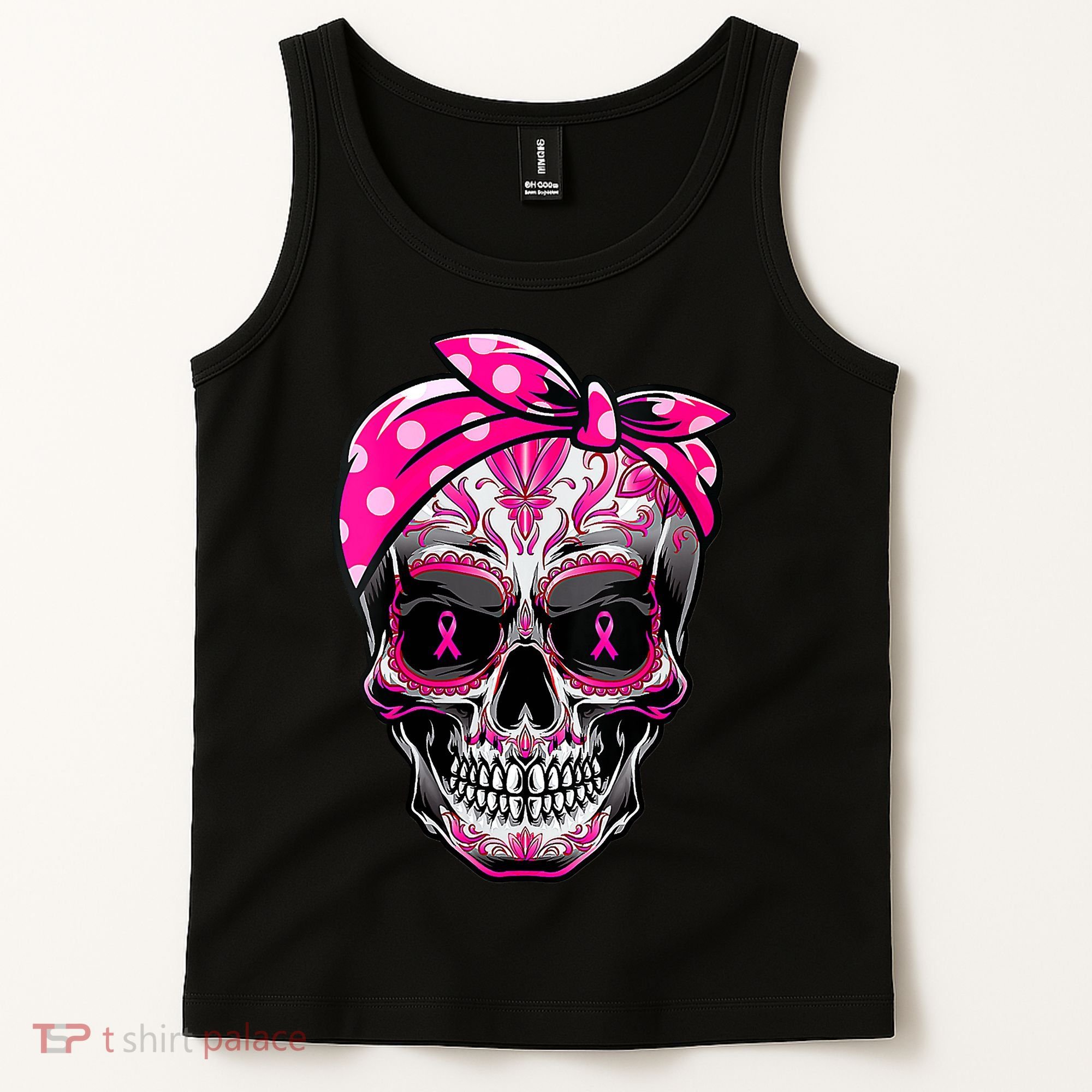 Sugar Skull Pink Ribbon Calavera Funny Breast Cancer Tank Top