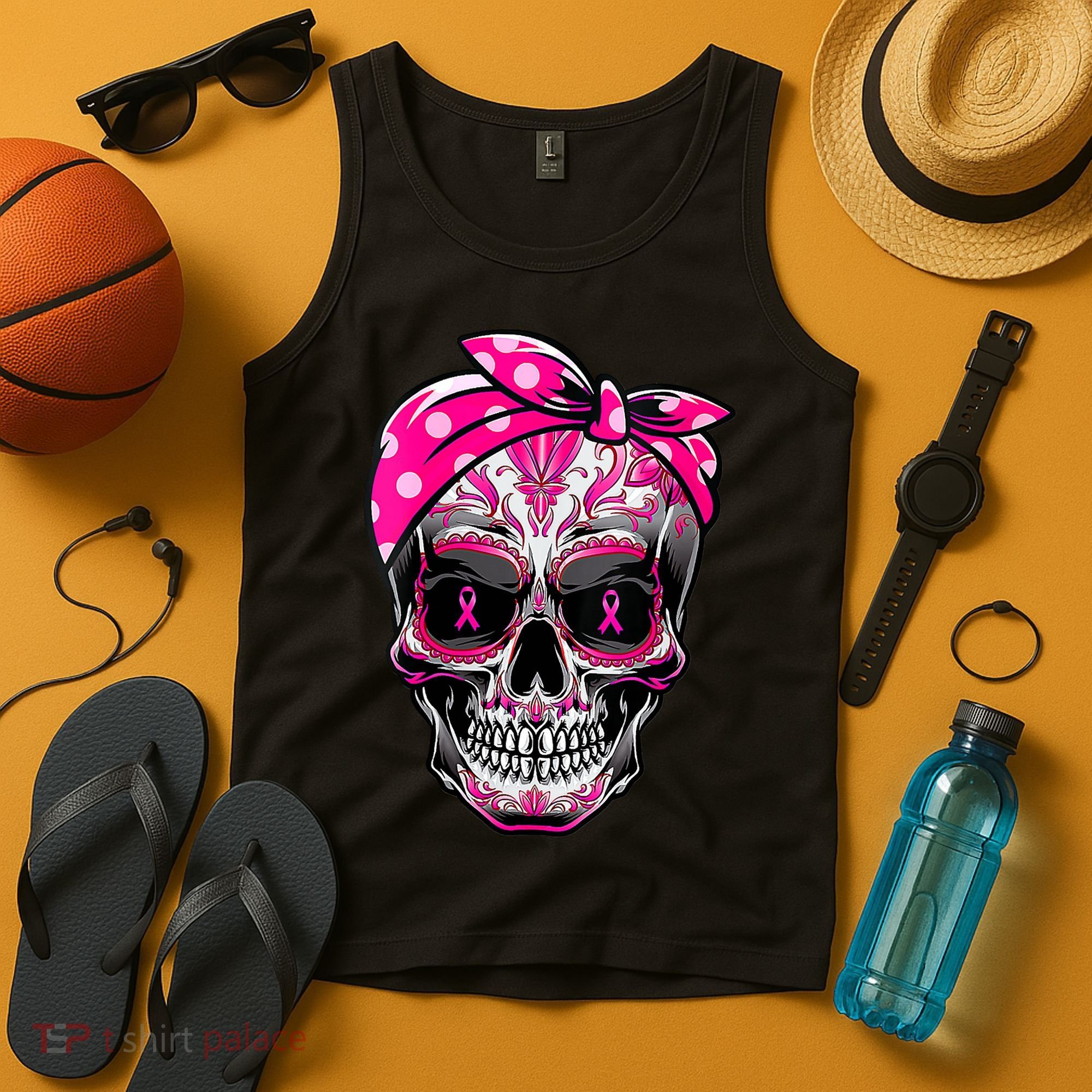 Sugar Skull Pink Ribbon Calavera Funny Breast Cancer Tank Top
