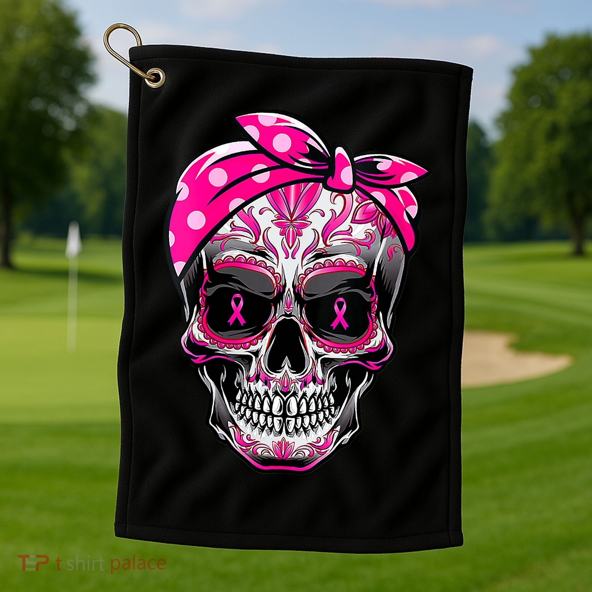 Sugar Skull Pink Ribbon Calavera Funny Breast Cancer Golf Towel