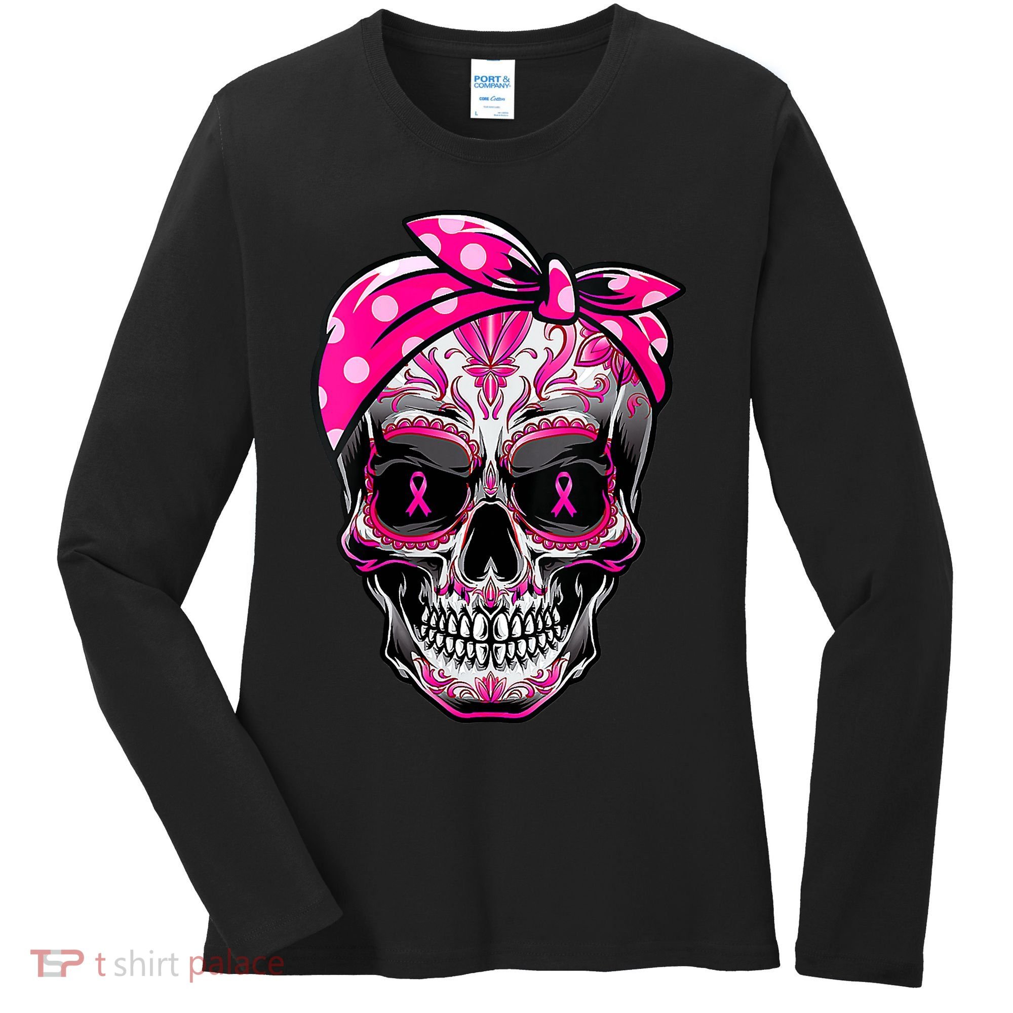 Sugar Skull Pink Ribbon Calavera Funny Breast Cancer Women's Long Sleeve Shirt