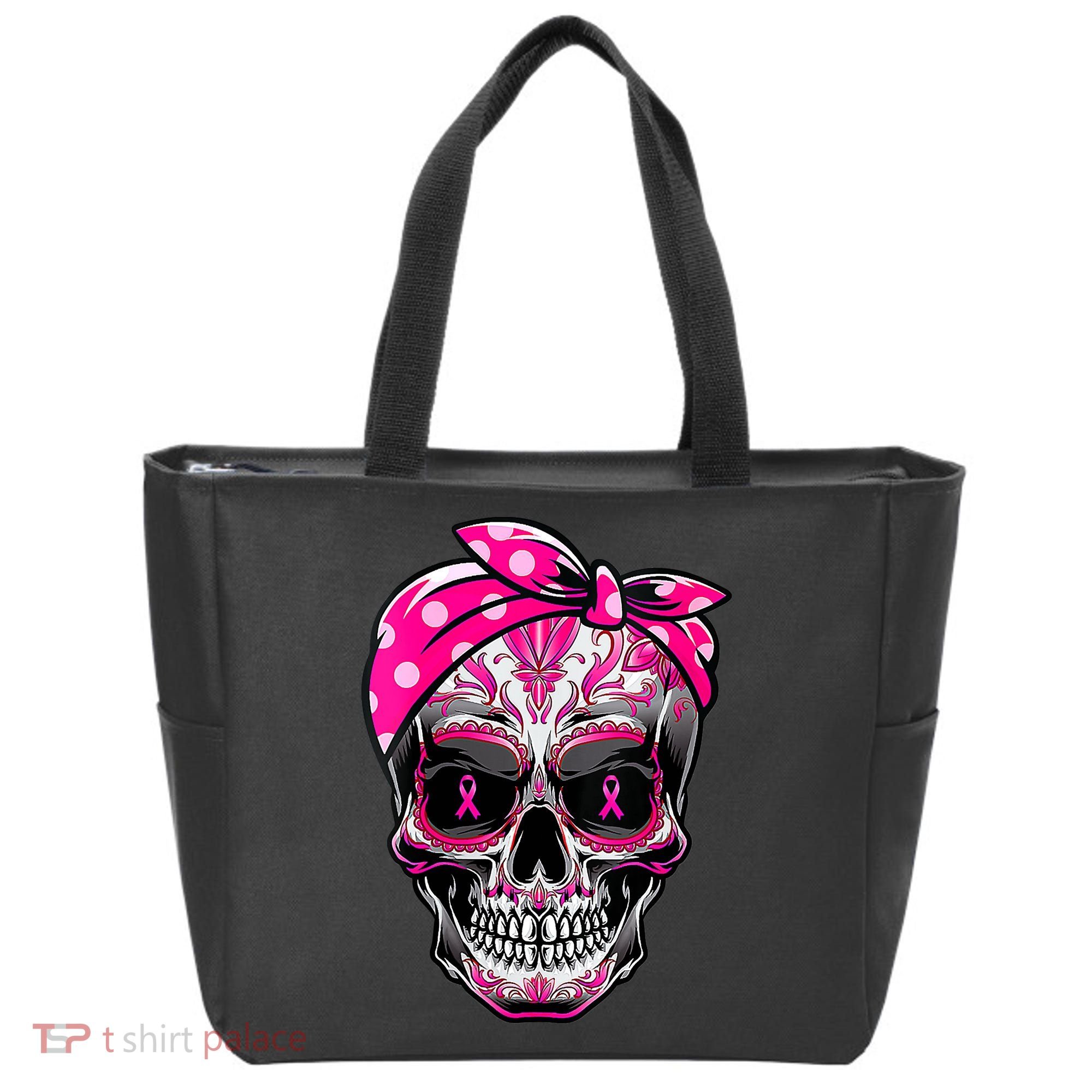 Sugar Skull Pink Ribbon Calavera Funny Breast Cancer Tote Bag
