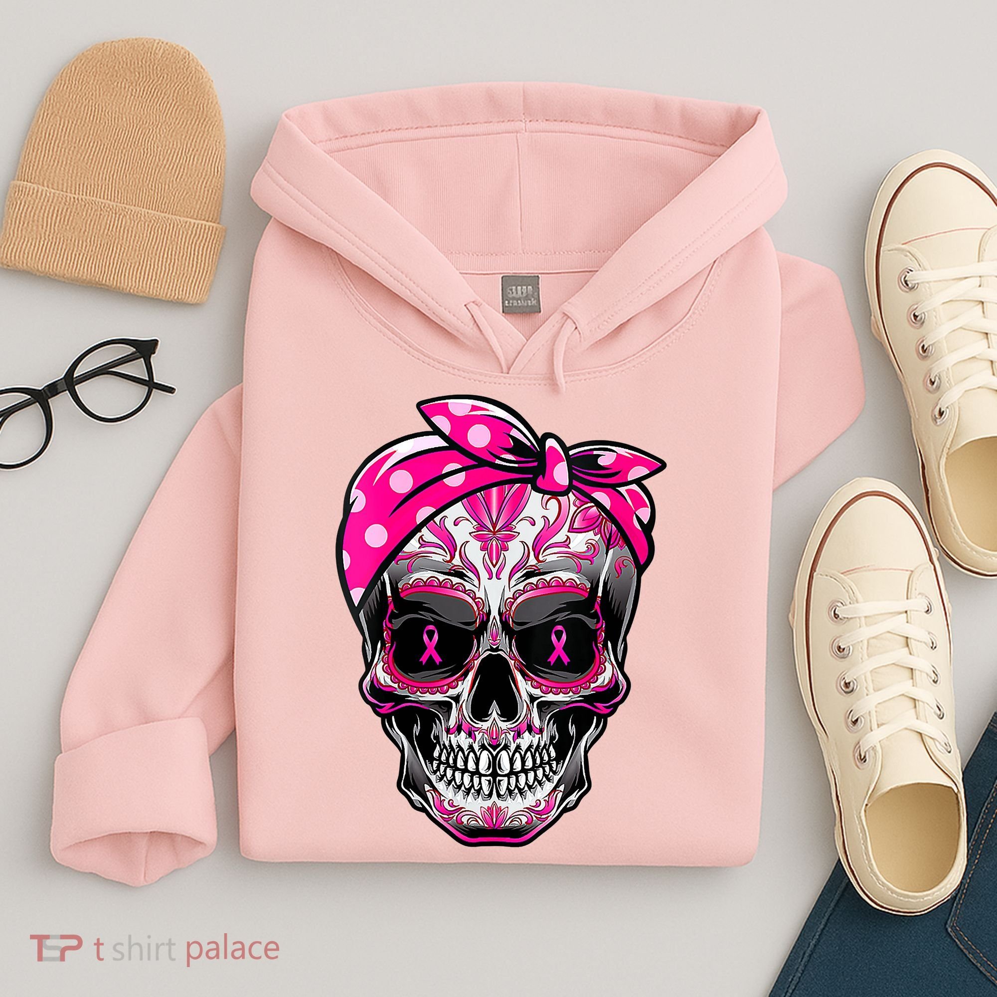 Sugar Skull Pink Ribbon Calavera Funny Breast Cancer Hoodie