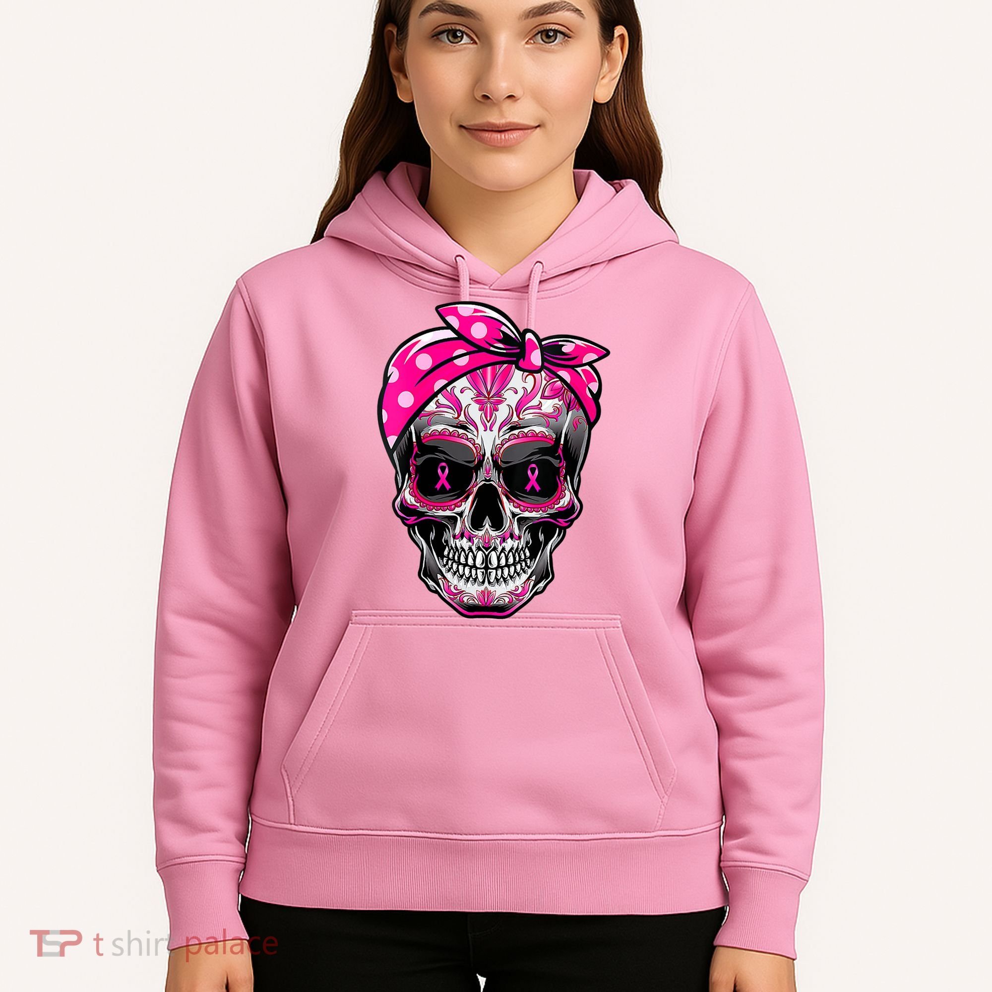 Sugar Skull Pink Ribbon Calavera Funny Breast Cancer Hoodie
