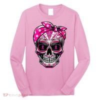 Sugar Skull Pink Ribbon Calavera Funny Breast Cancer Long Sleeve Shirt thumb 0