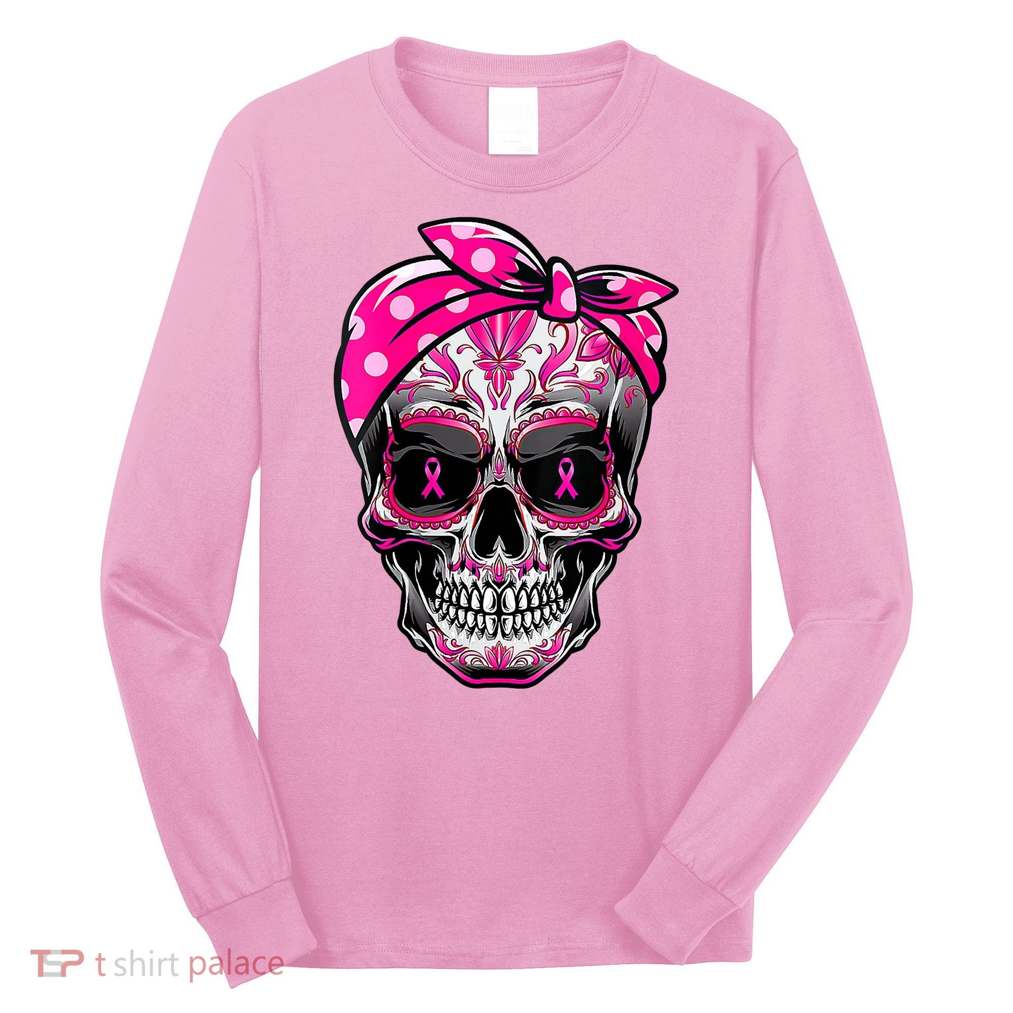 Sugar Skull Pink Ribbon Calavera Funny Breast Cancer Long Sleeve Shirt