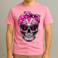 Sugar Skull Pink Ribbon Calavera Funny Breast Cancer T-Shirt thumb 3