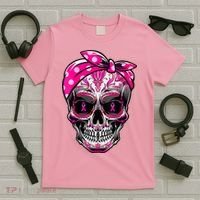 Sugar Skull Pink Ribbon Calavera Funny Breast Cancer T-Shirt thumb 5