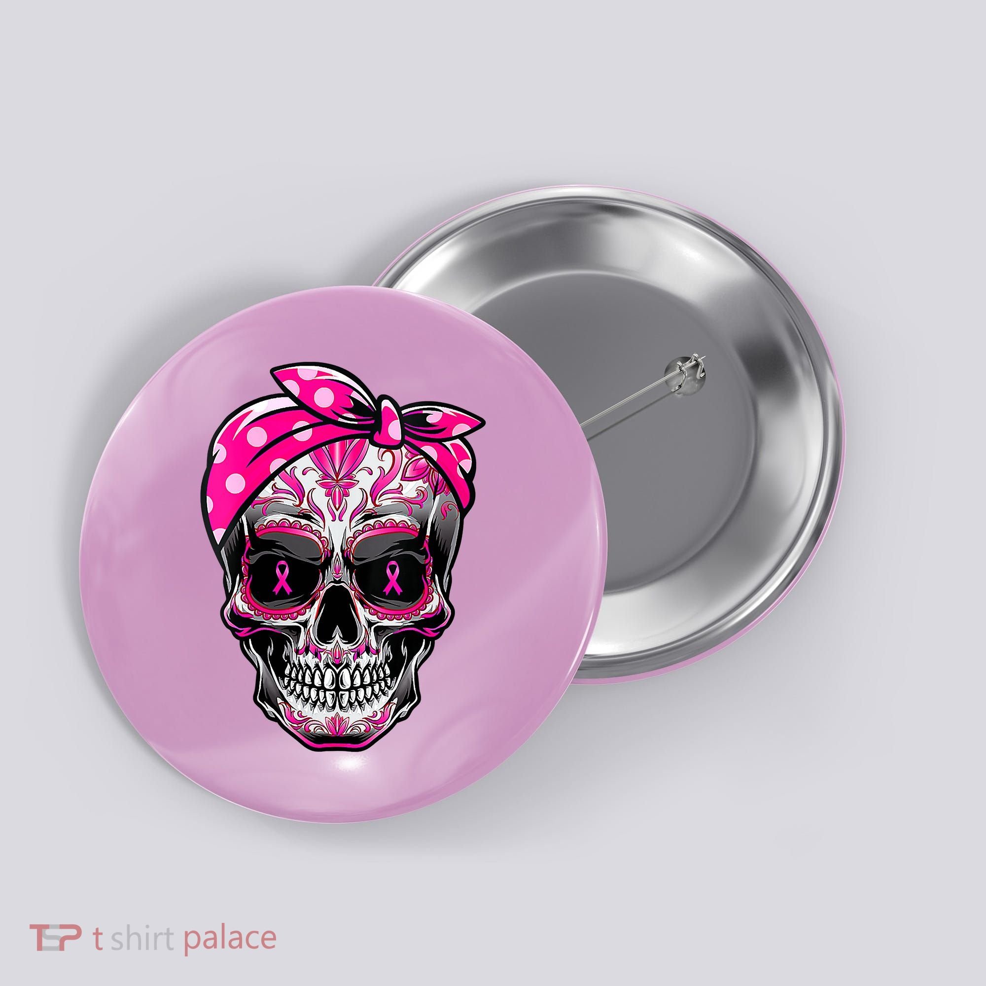 Sugar Skull Pink Ribbon Calavera Funny Breast Cancer Button