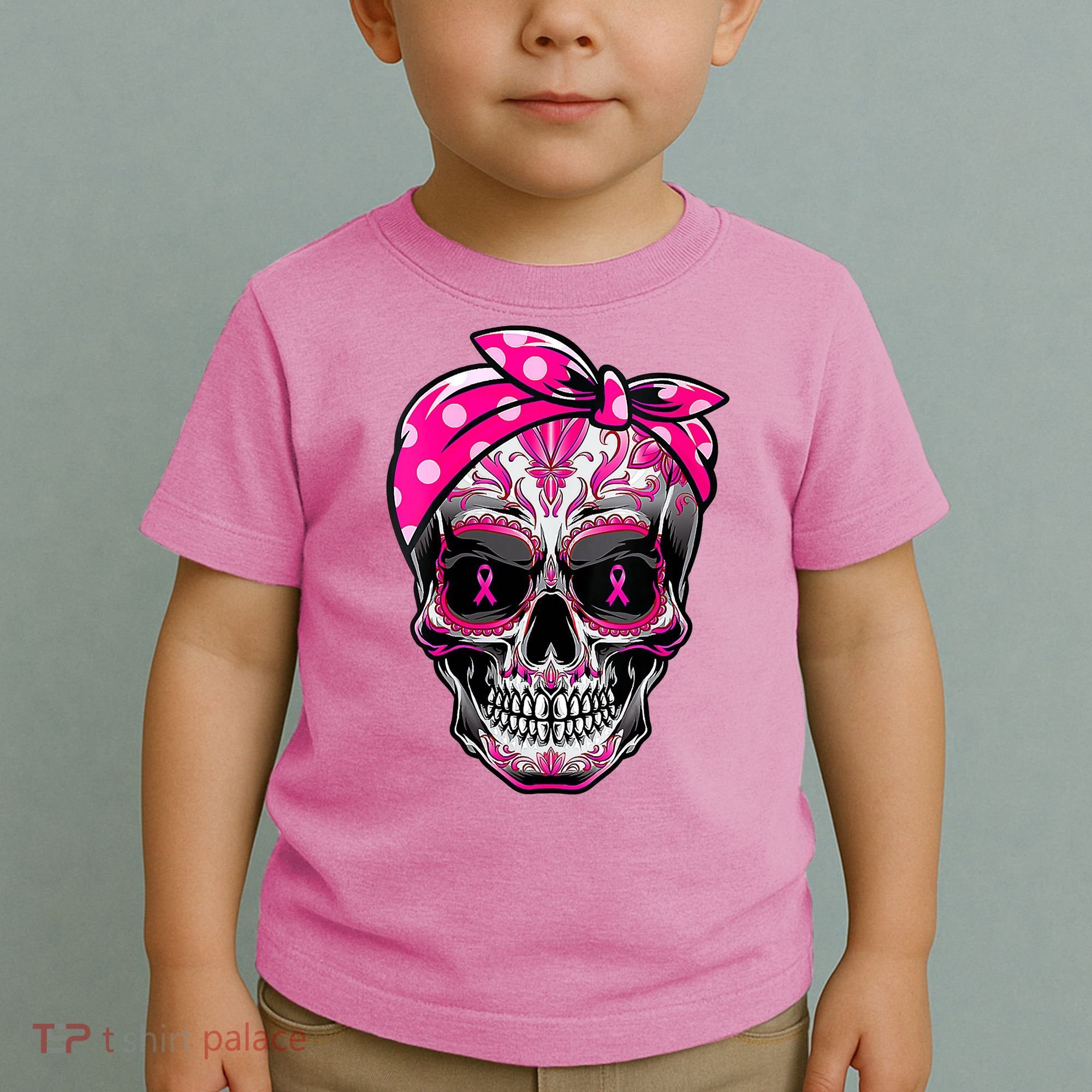 Sugar Skull Pink Ribbon Calavera Funny Breast Cancer Toddler T-Shirt
