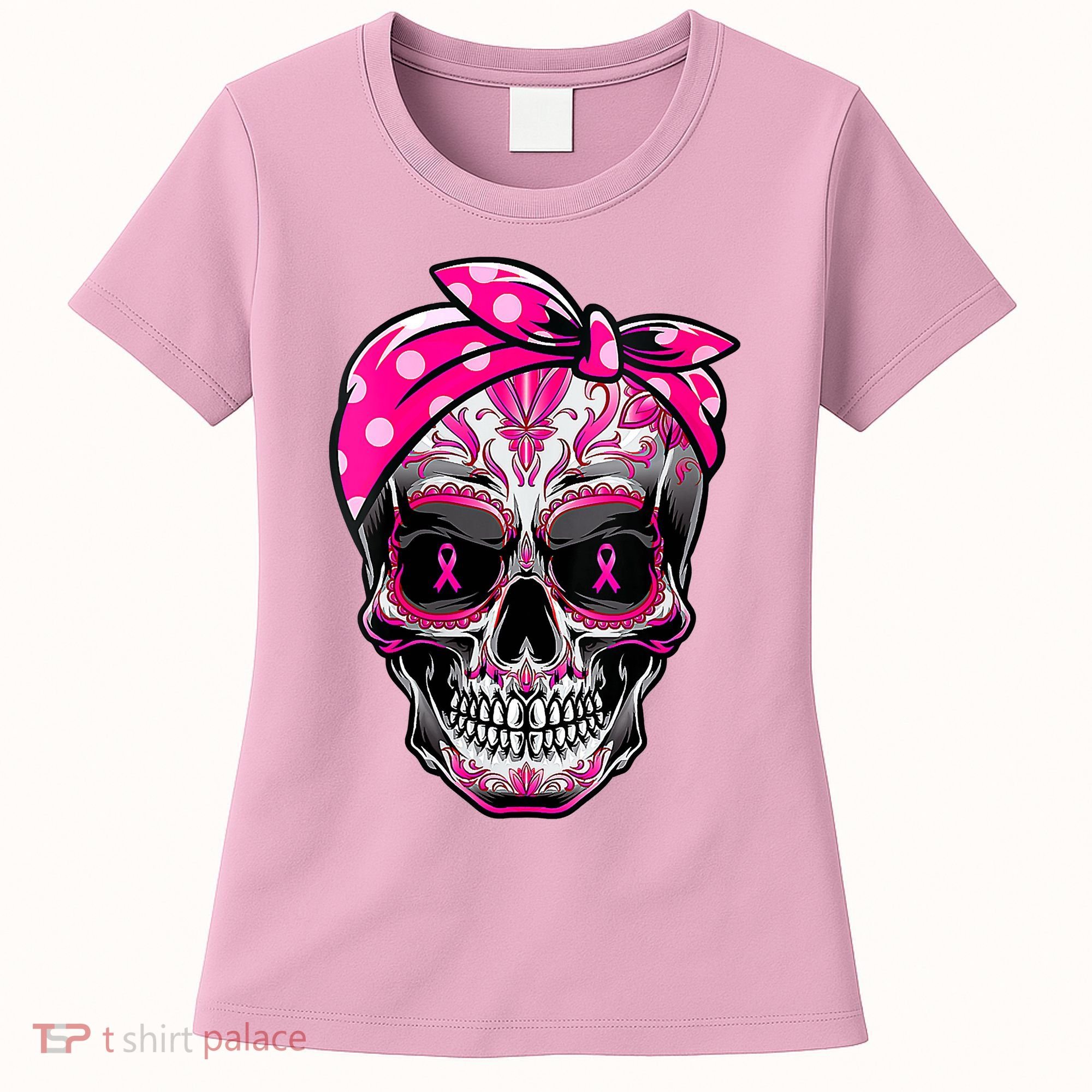 Sugar Skull Pink Ribbon Calavera Funny Breast Cancer Women's T-Shirt