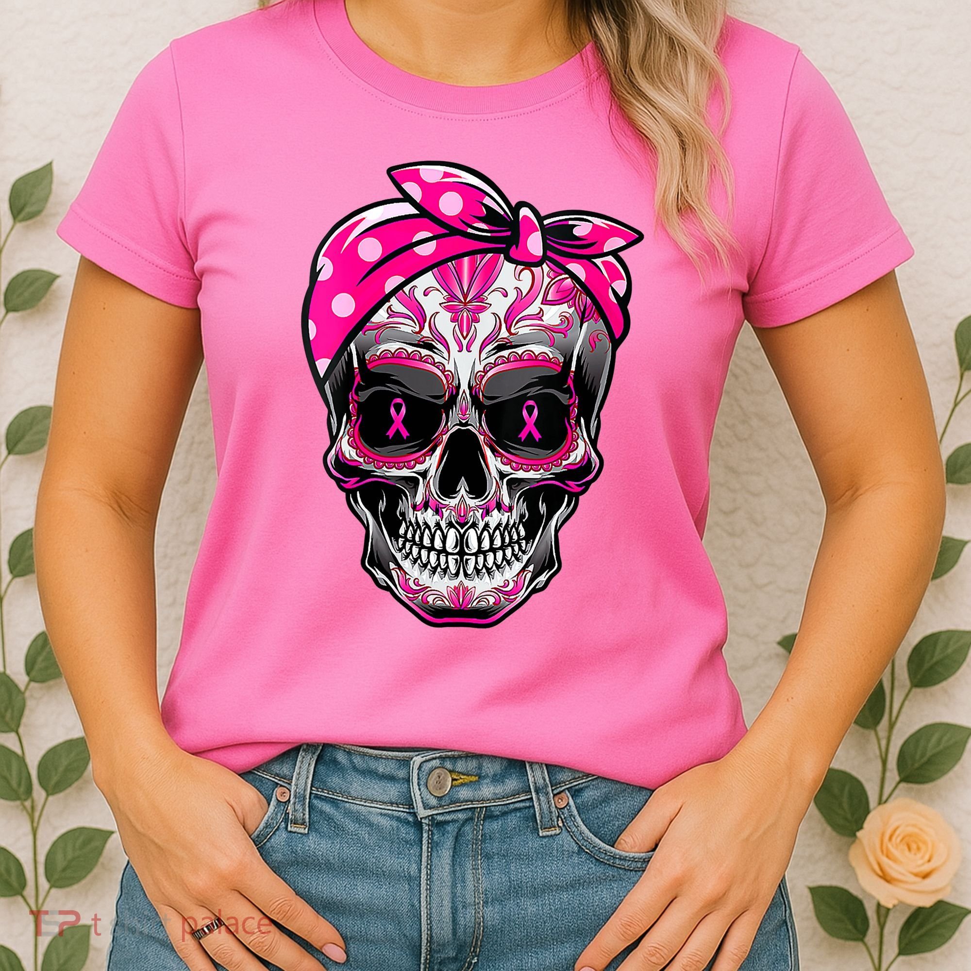 Sugar Skull Pink Ribbon Calavera Funny Breast Cancer Women's T-Shirt