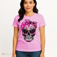 Sugar Skull Pink Ribbon Calavera Funny Breast Cancer Women's T-Shirt thumb 4