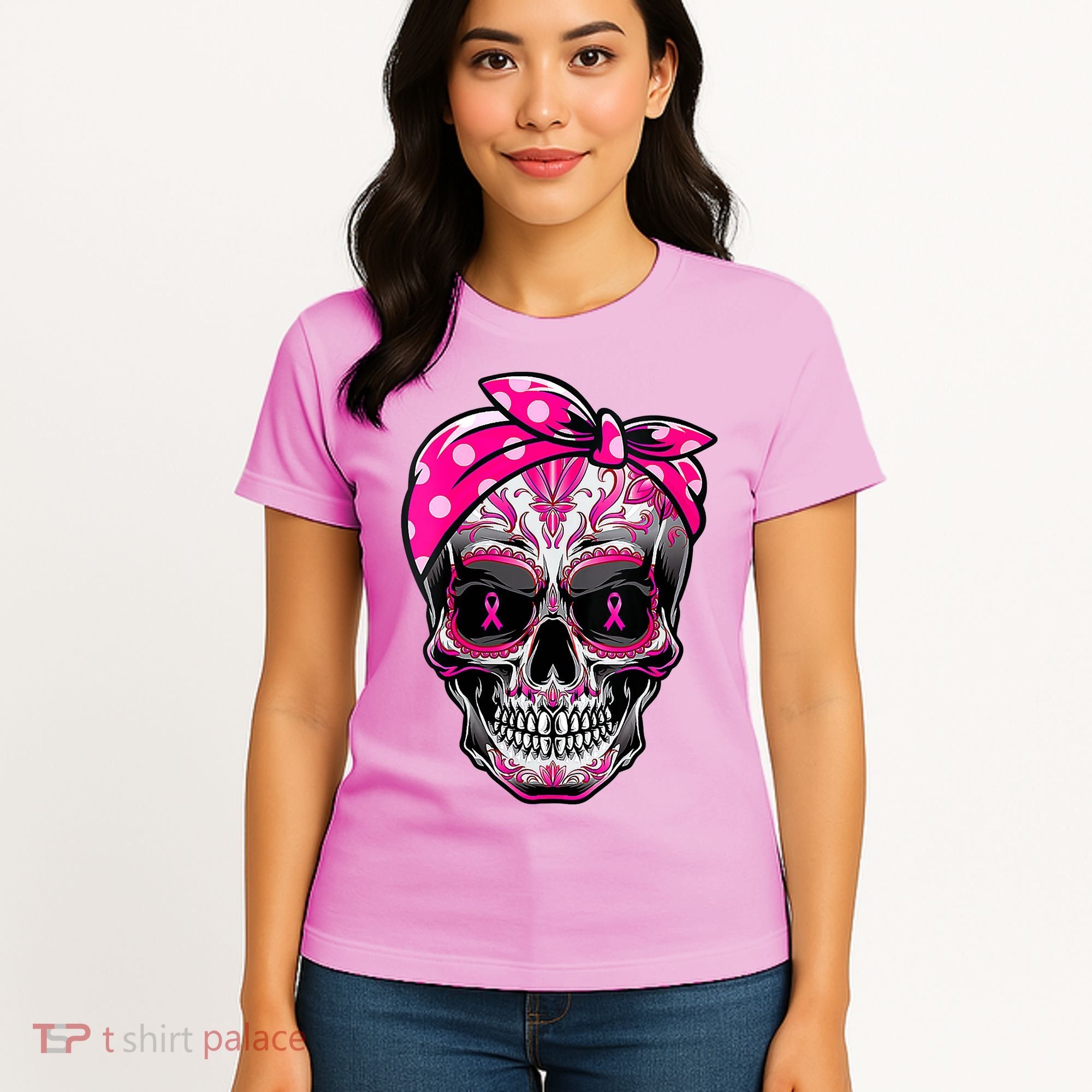 Sugar Skull Pink Ribbon Calavera Funny Breast Cancer Women's T-Shirt
