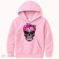 Sugar Skull Pink Ribbon Calavera Funny Breast Cancer Kids Hoodie thumb 0