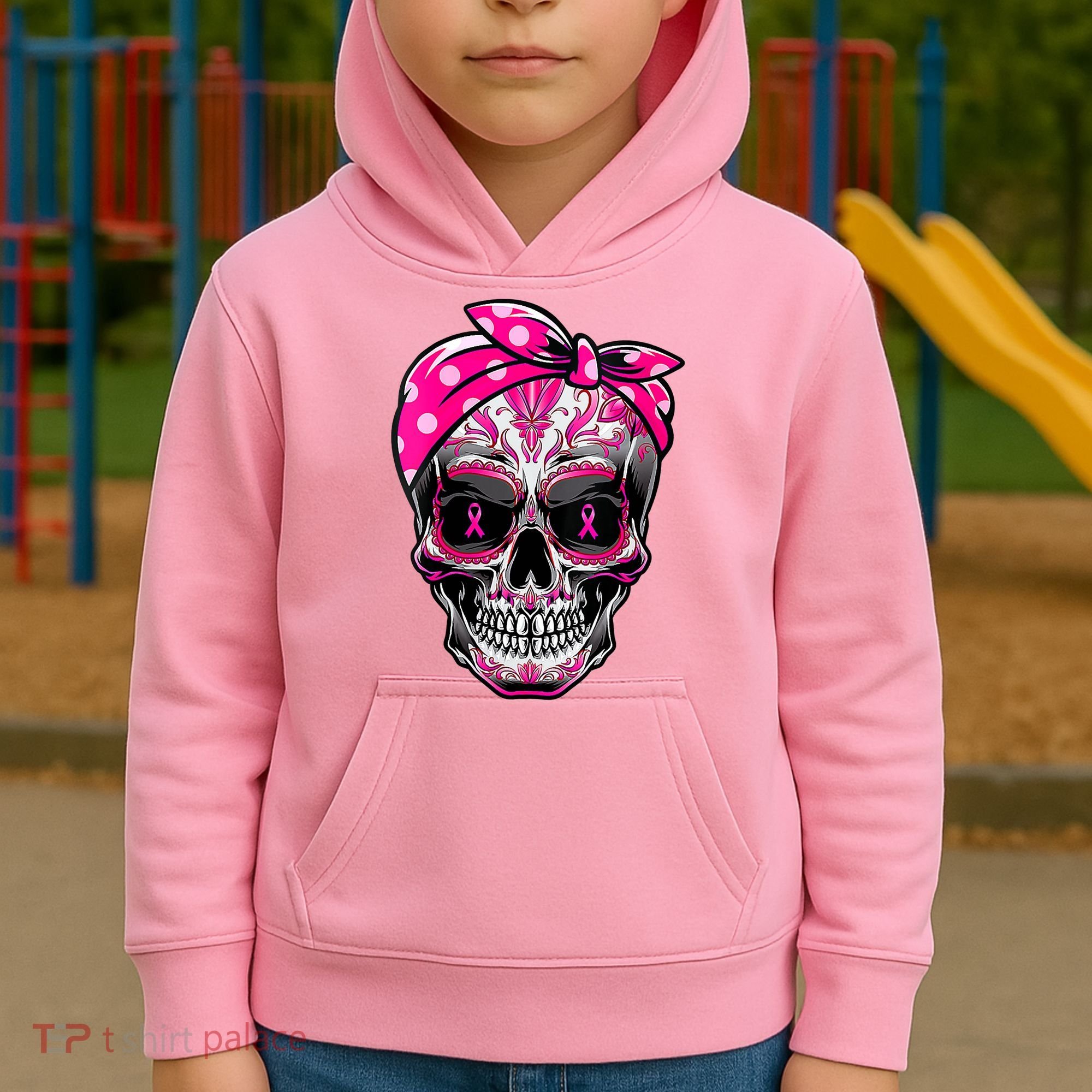 Sugar Skull Pink Ribbon Calavera Funny Breast Cancer Kids Hoodie
