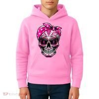 Sugar Skull Pink Ribbon Calavera Funny Breast Cancer Kids Hoodie thumb 4