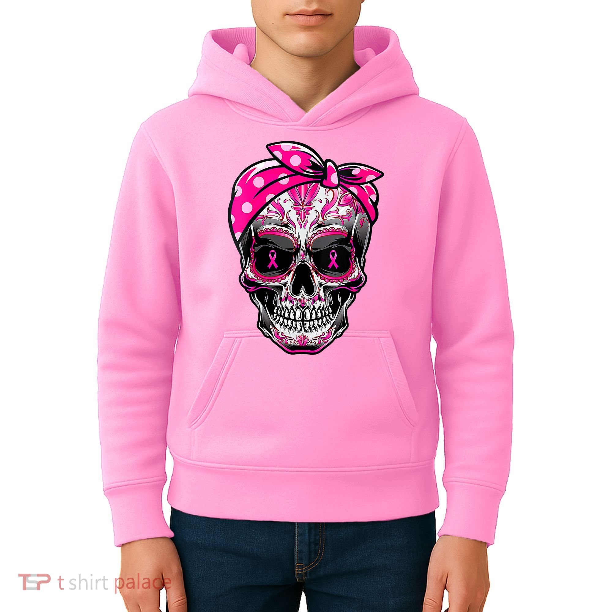 Sugar Skull Pink Ribbon Calavera Funny Breast Cancer Kids Hoodie