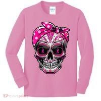 Sugar Skull Pink Ribbon Calavera Funny Breast Cancer Kids Long Sleeve Shirt thumb 0