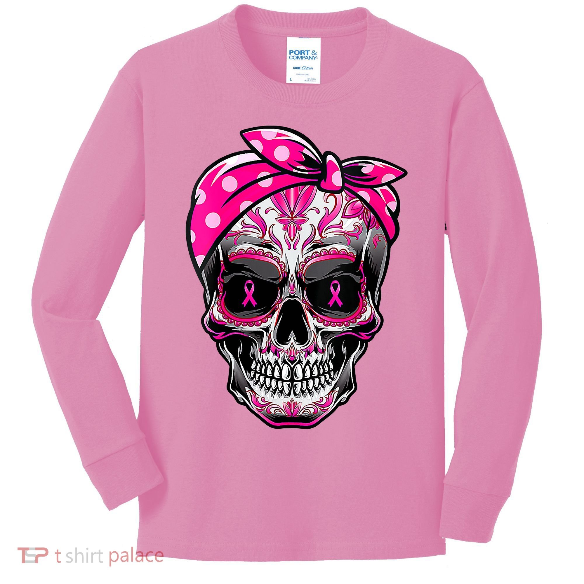Sugar Skull Pink Ribbon Calavera Funny Breast Cancer Kids Long Sleeve Shirt