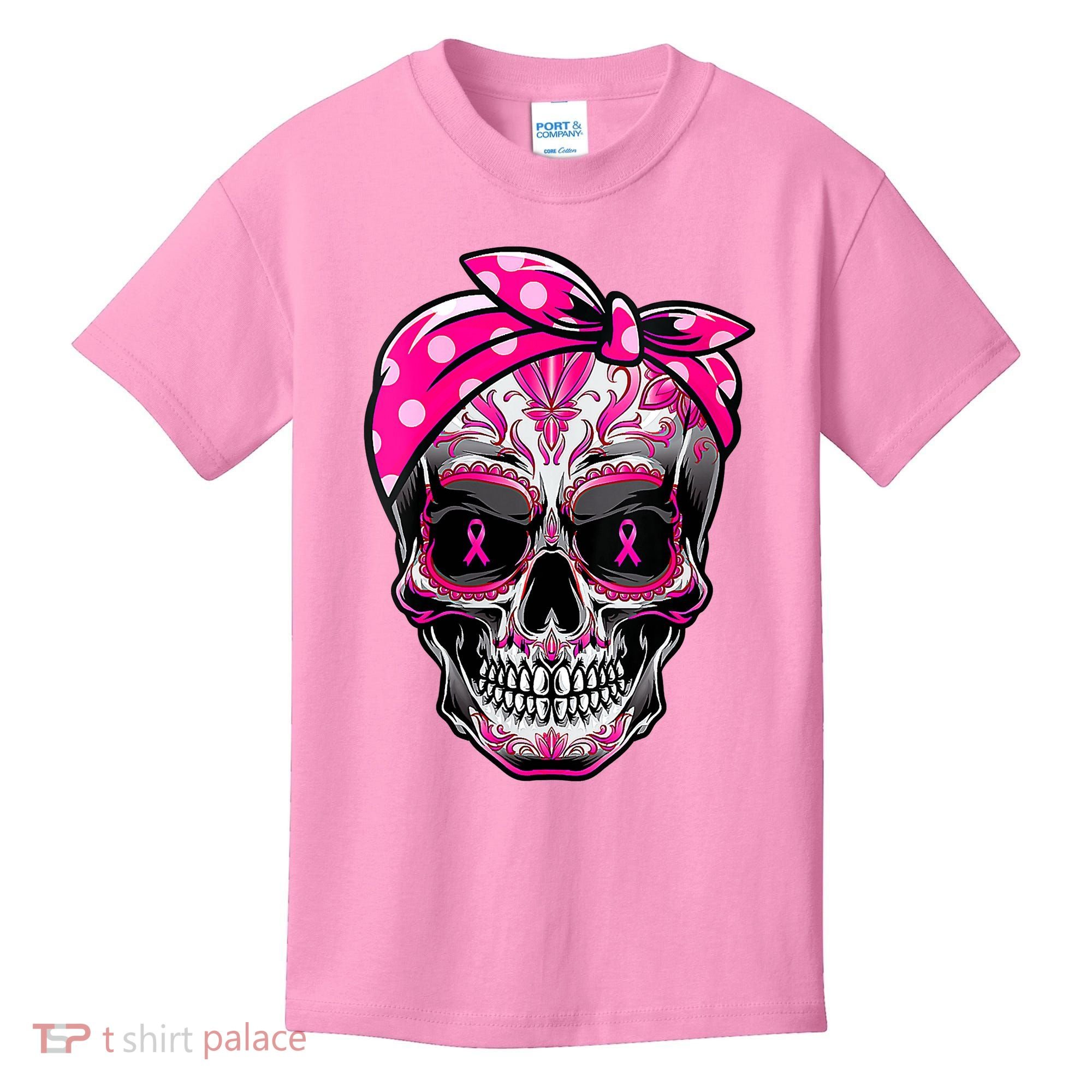 Sugar Skull Pink Ribbon Calavera Funny Breast Cancer Kids T-Shirt
