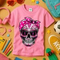 Sugar Skull Pink Ribbon Calavera Funny Breast Cancer Kids T-Shirt thumb 3