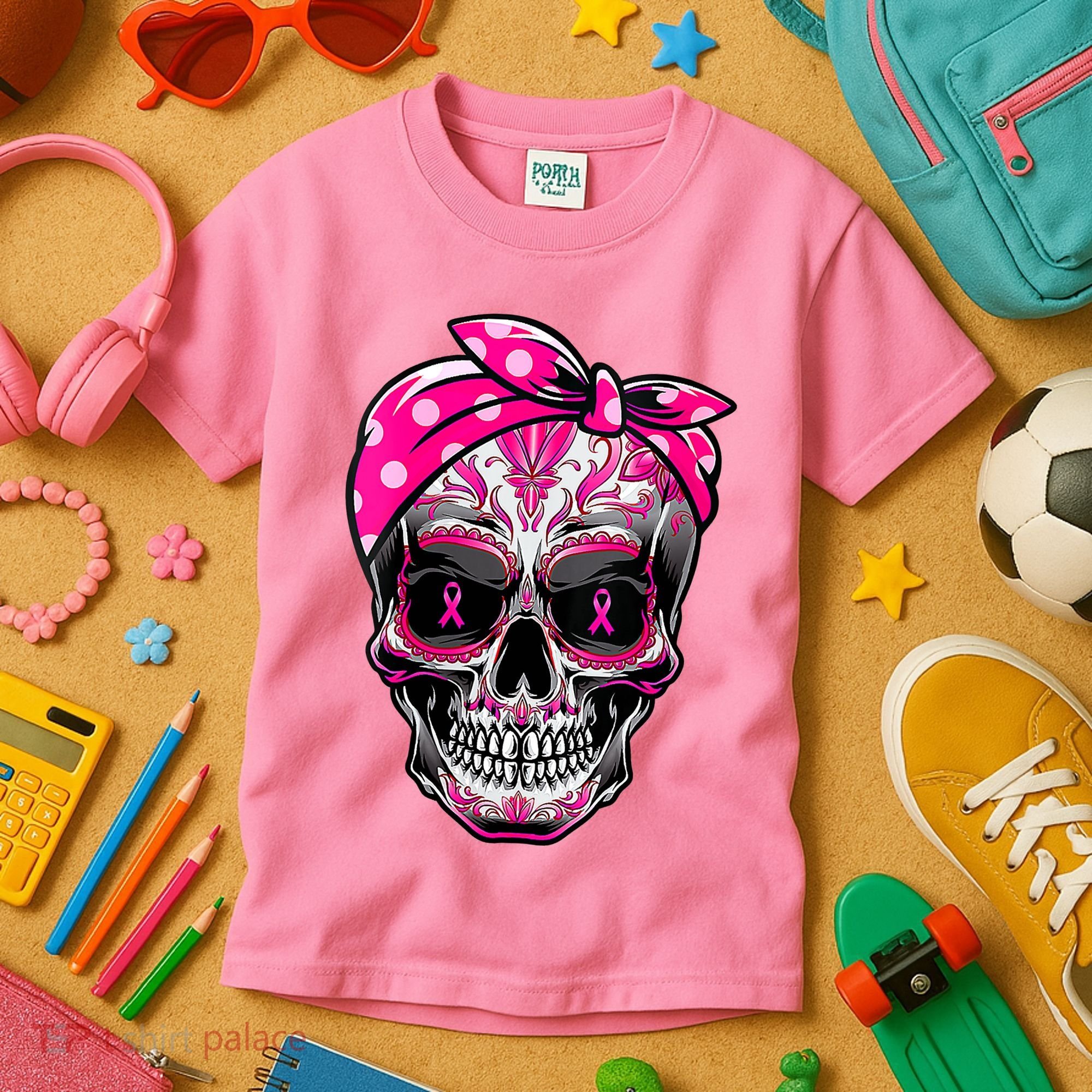 Sugar Skull Pink Ribbon Calavera Funny Breast Cancer Kids T-Shirt
