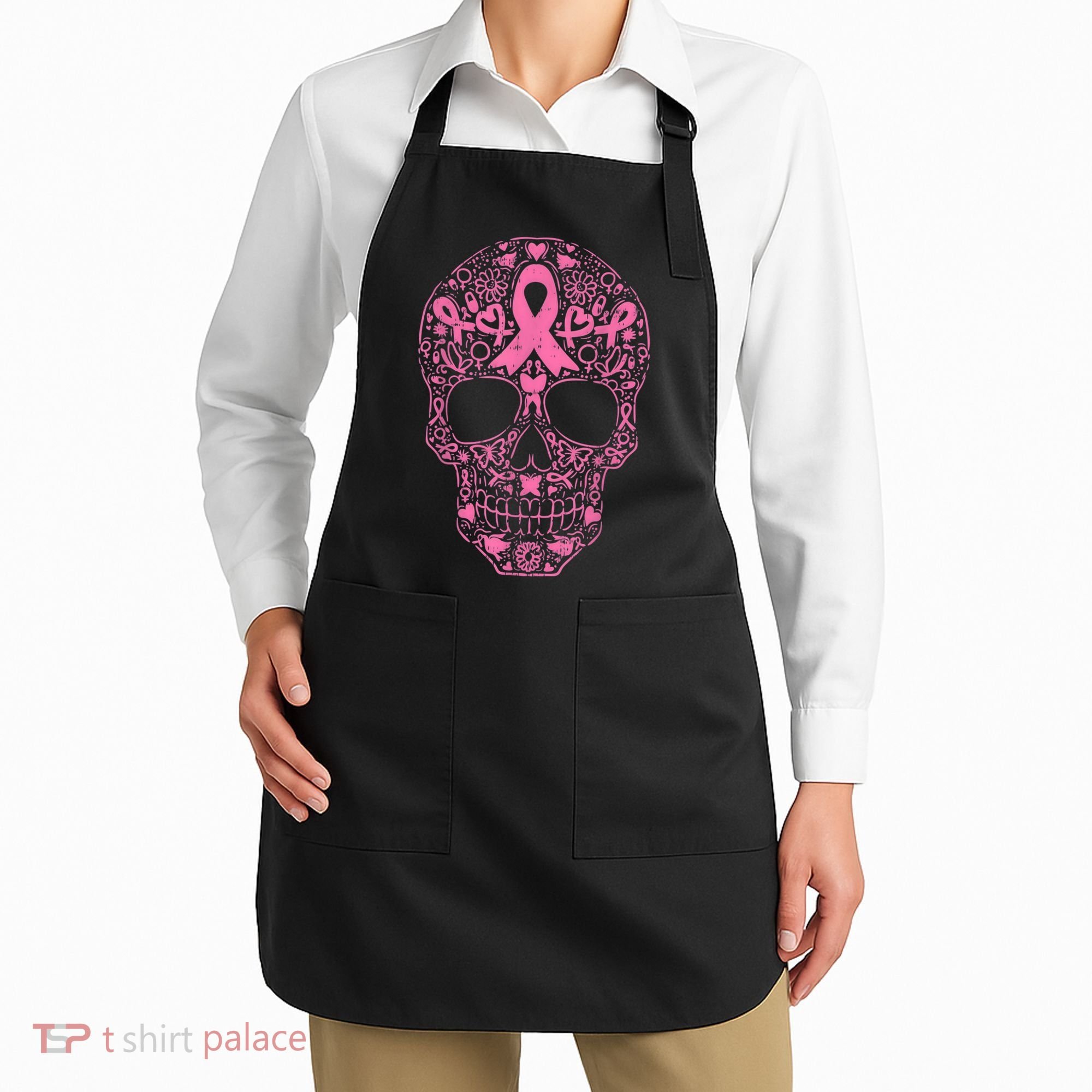 Sugar Skull Pink Ribbon Calavera Breast Cancer Awareness  Apron