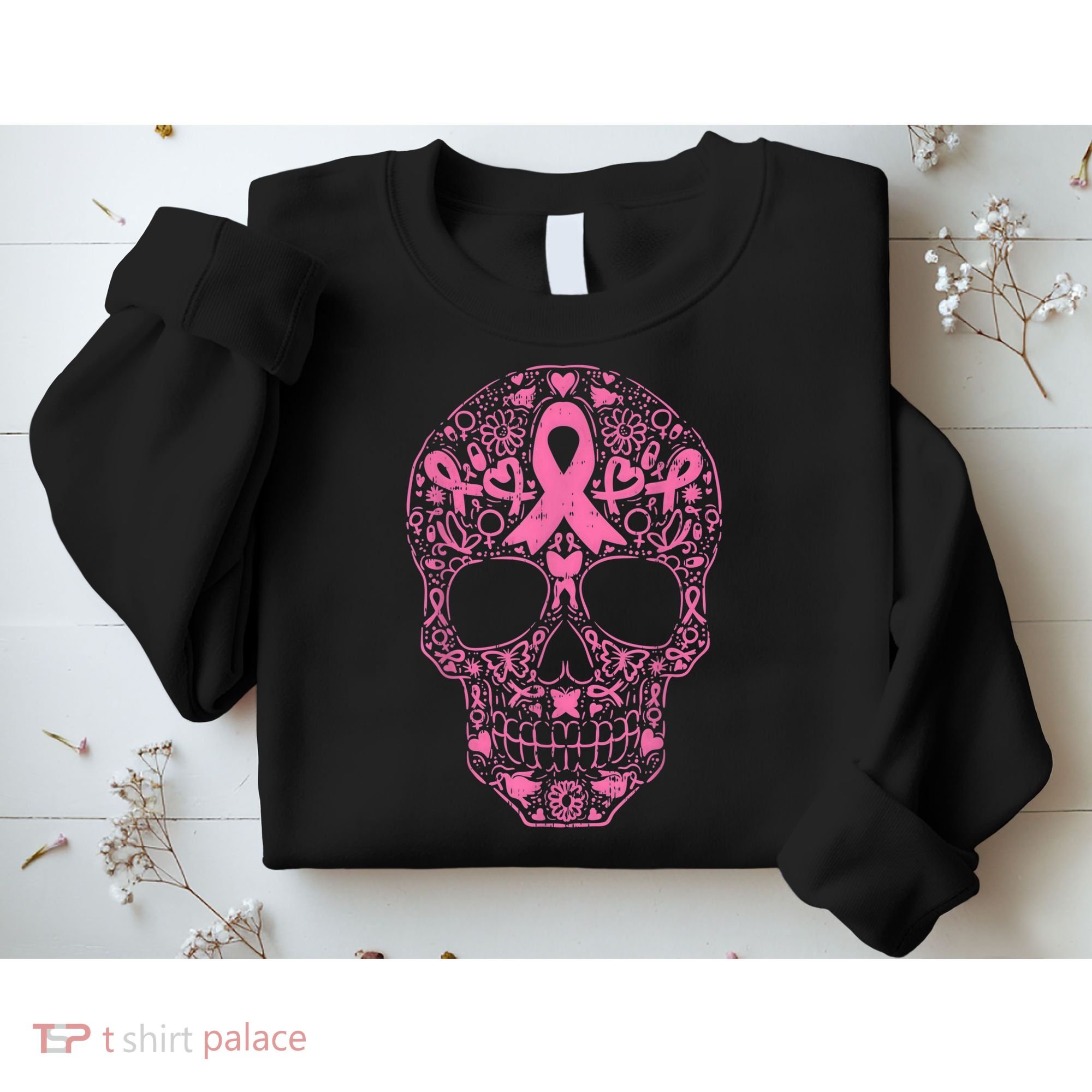 Sugar Skull Pink Ribbon Calavera Breast Cancer Awareness  Sweatshirt