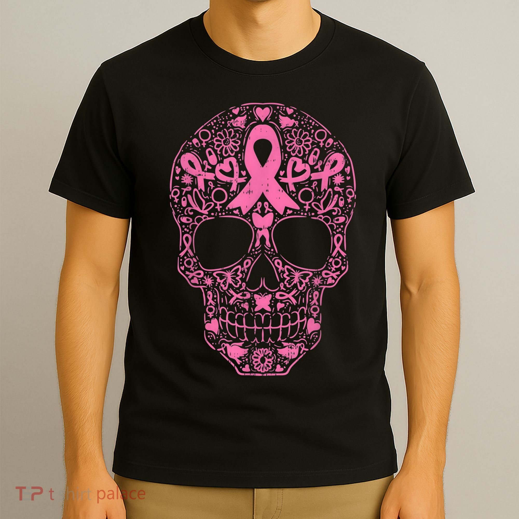 Sugar Skull Pink Ribbon Calavera Breast Cancer Awareness  T-Shirt