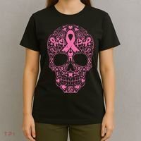 Sugar Skull Pink Ribbon Calavera Breast Cancer Awareness  T-Shirt thumb 4