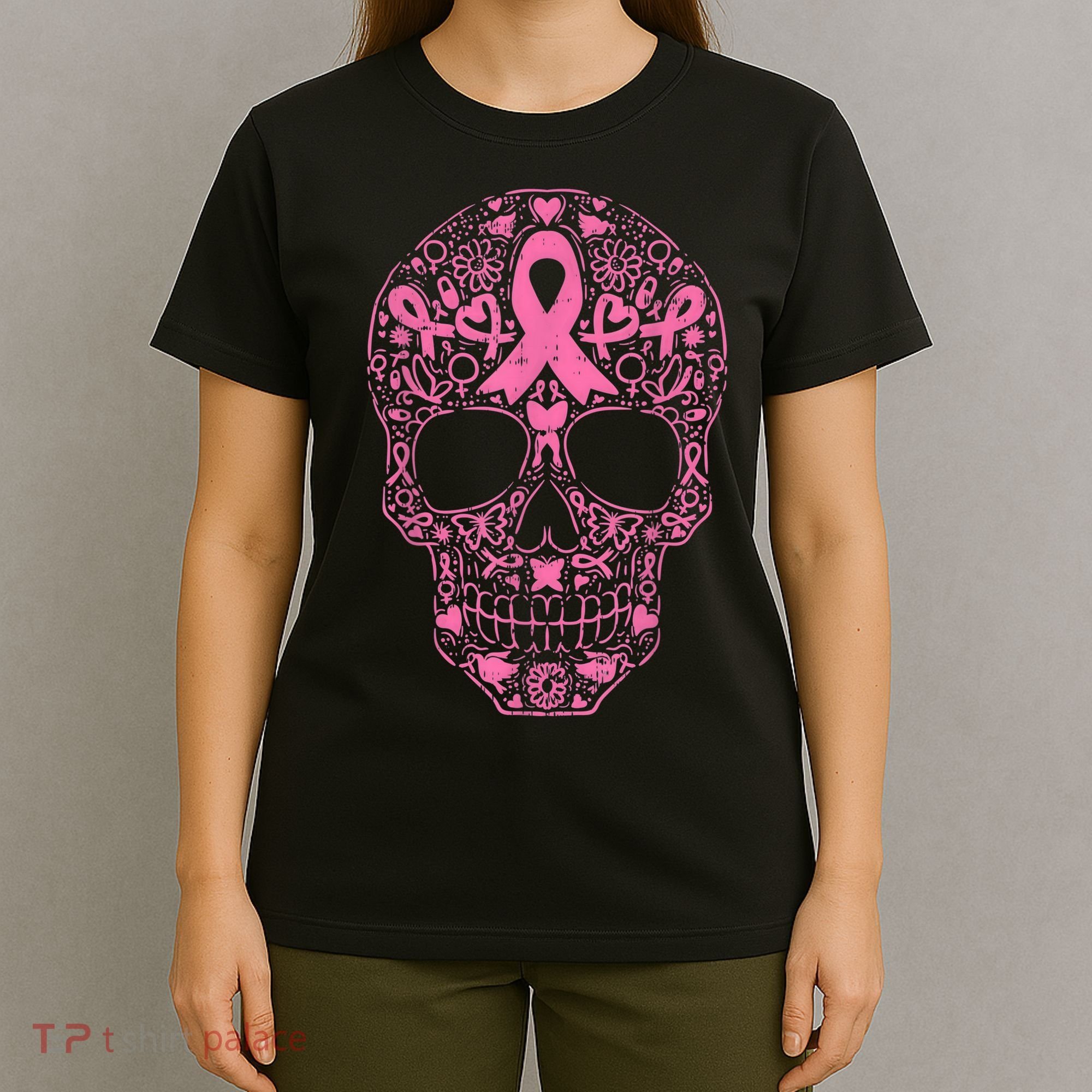 Sugar Skull Pink Ribbon Calavera Breast Cancer Awareness  T-Shirt