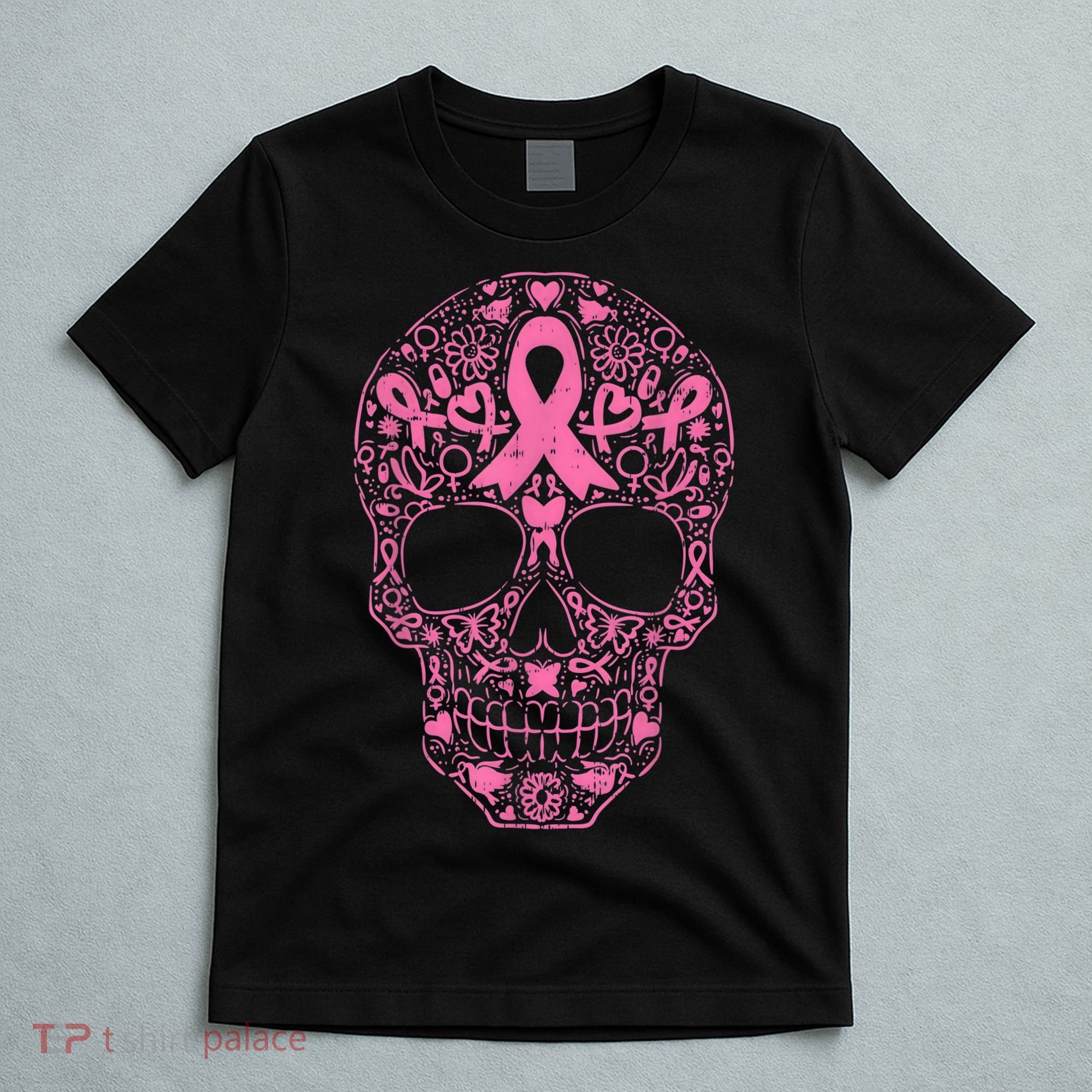 Sugar Skull Pink Ribbon Calavera Breast Cancer Awareness  T-Shirt