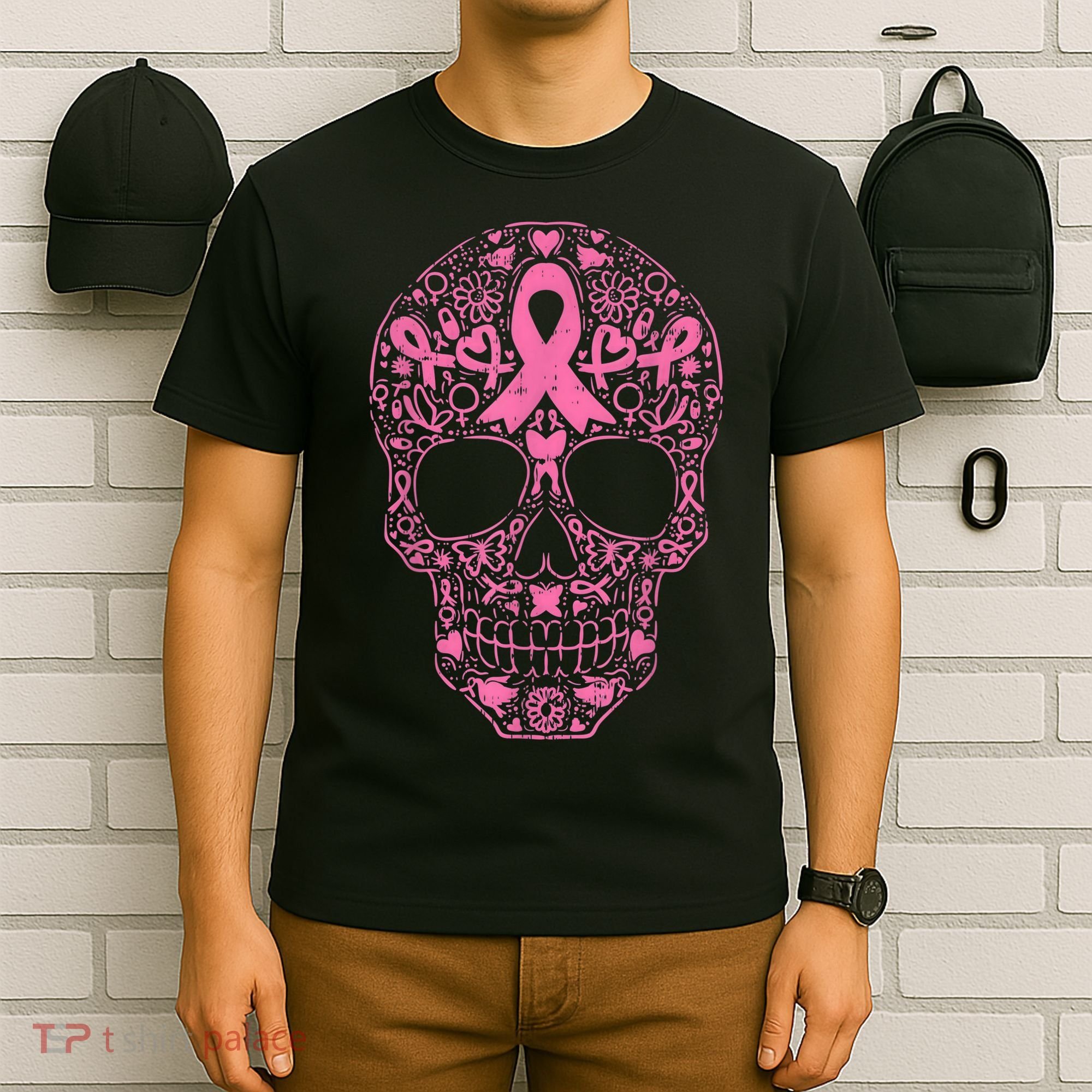 Sugar Skull Pink Ribbon Calavera Breast Cancer Awareness  T-Shirt