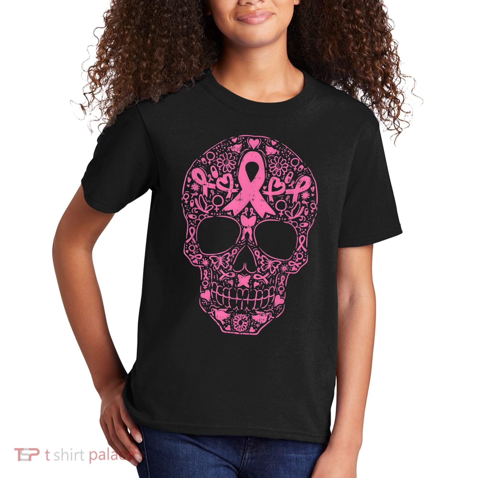 Sugar Skull Pink Ribbon Calavera Breast Cancer Awareness  Kids T-Shirt