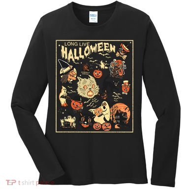 Spooky Season Pumpkin Black Cat Women's Long Sleeve Shirt