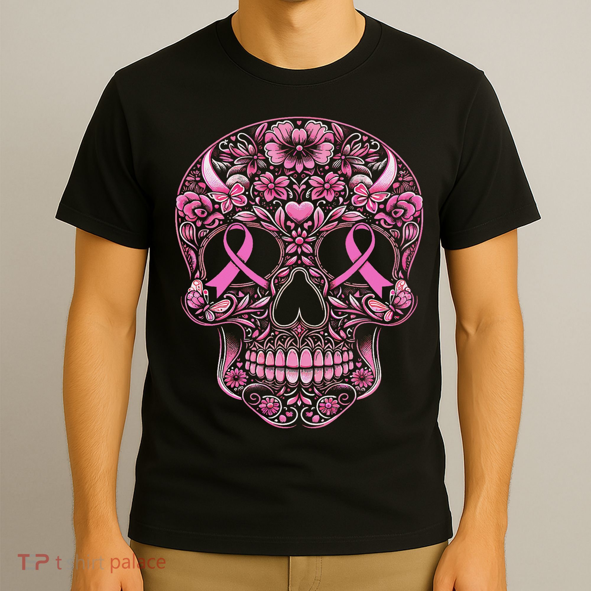 Sugar Skull Ribbon Calavera Breast Cancer Awareness T-Shirt