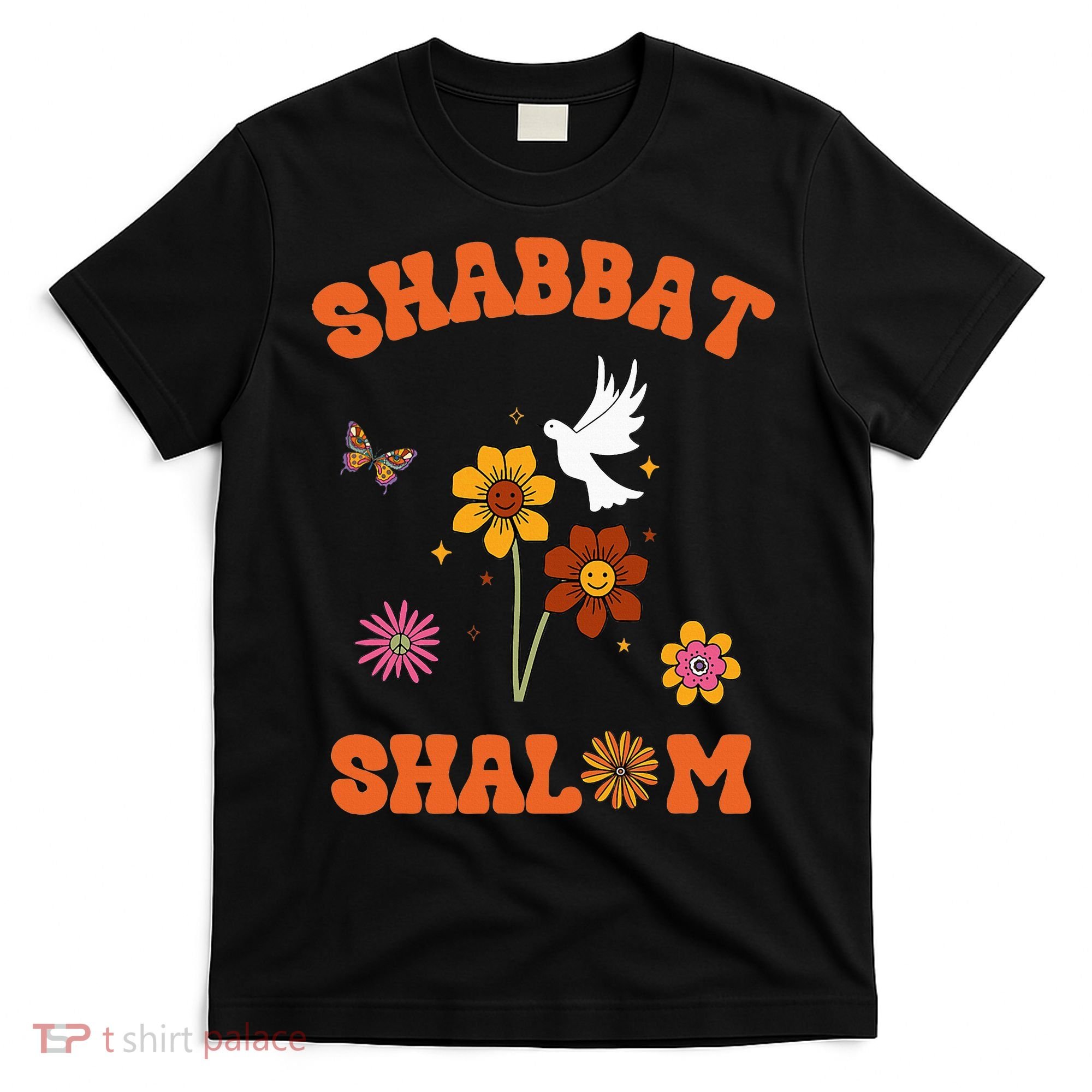 Shabbat Shalom Retro 60s 70s Groovy Hippie Flowers Peace T-Shirt