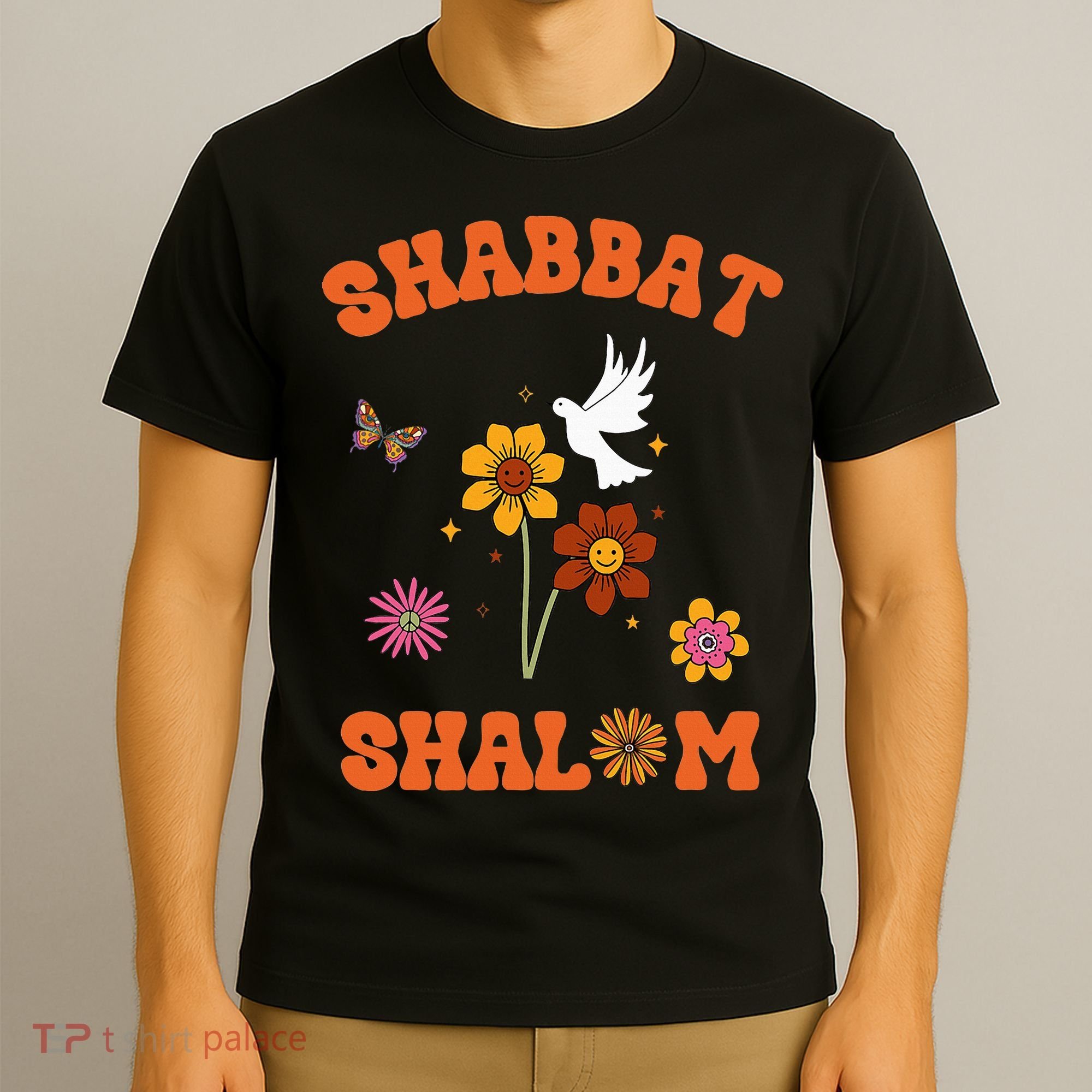 Shabbat Shalom Retro 60s 70s Groovy Hippie Flowers Peace T-Shirt
