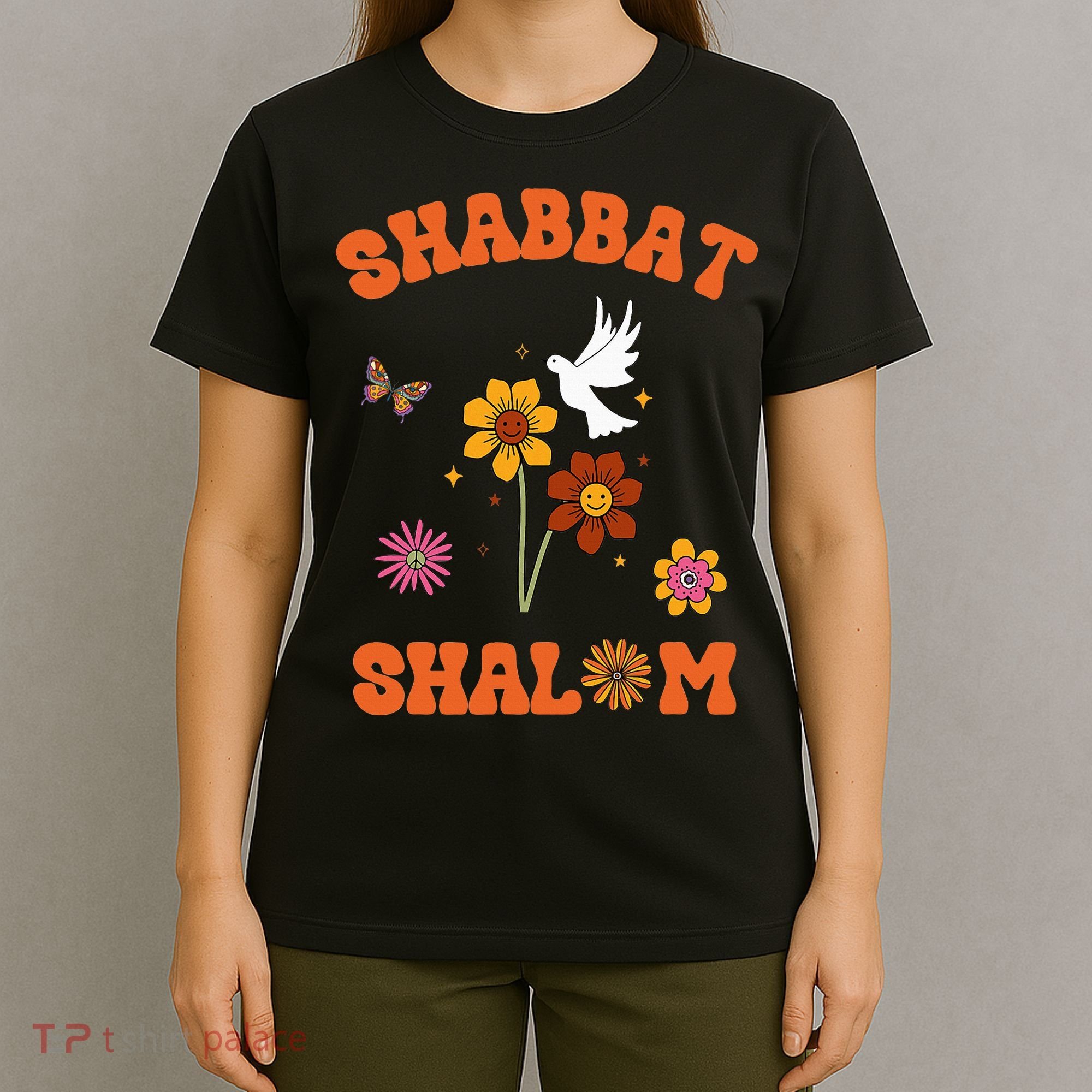 Shabbat Shalom Retro 60s 70s Groovy Hippie Flowers Peace T-Shirt