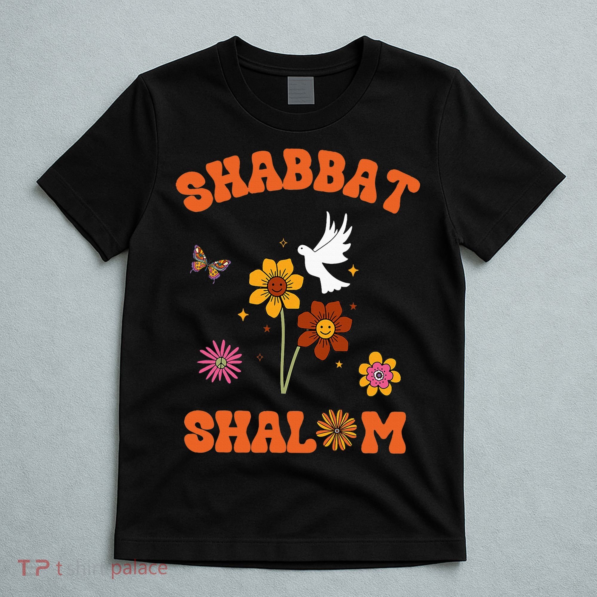 Shabbat Shalom Retro 60s 70s Groovy Hippie Flowers Peace T-Shirt