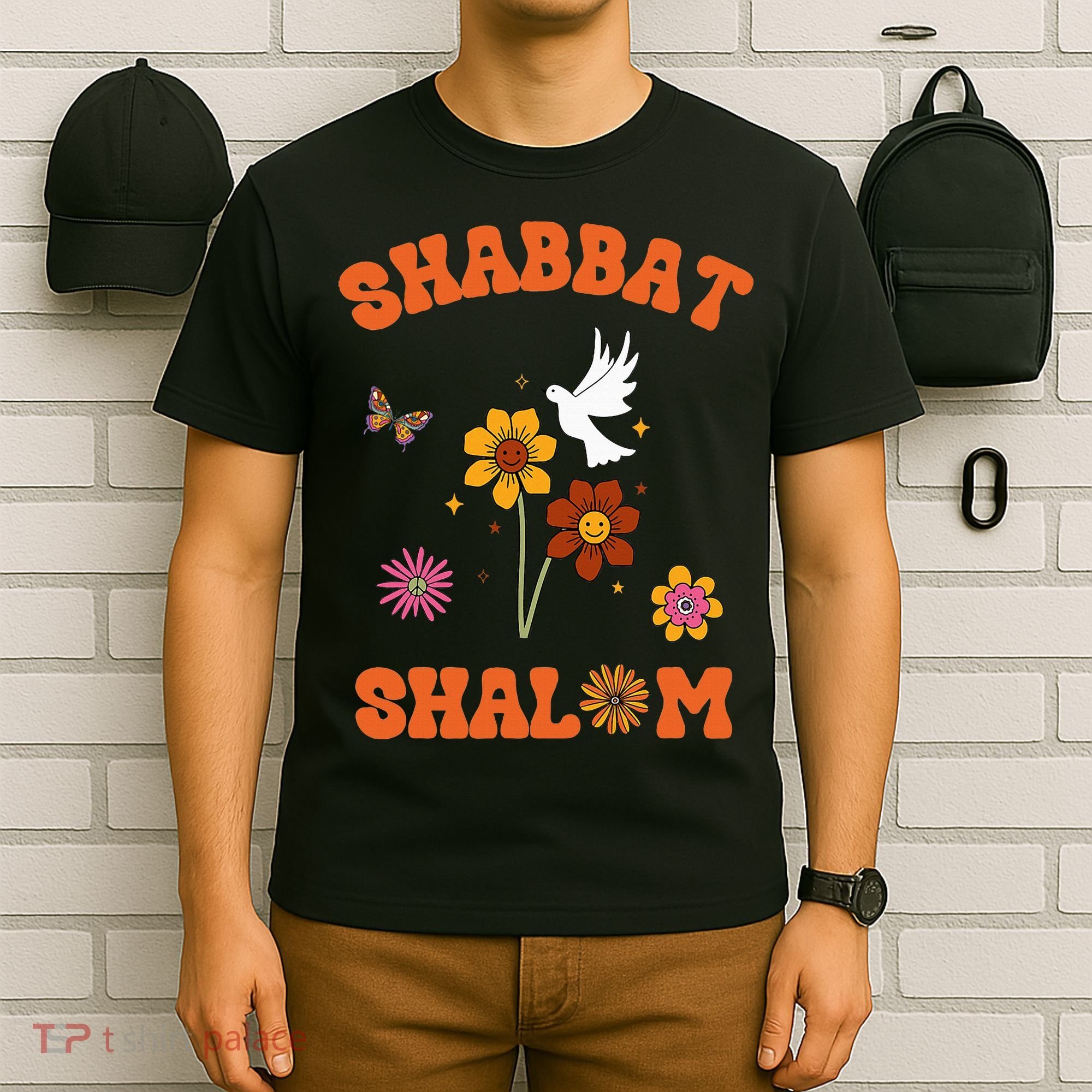 Shabbat Shalom Retro 60s 70s Groovy Hippie Flowers Peace T-Shirt