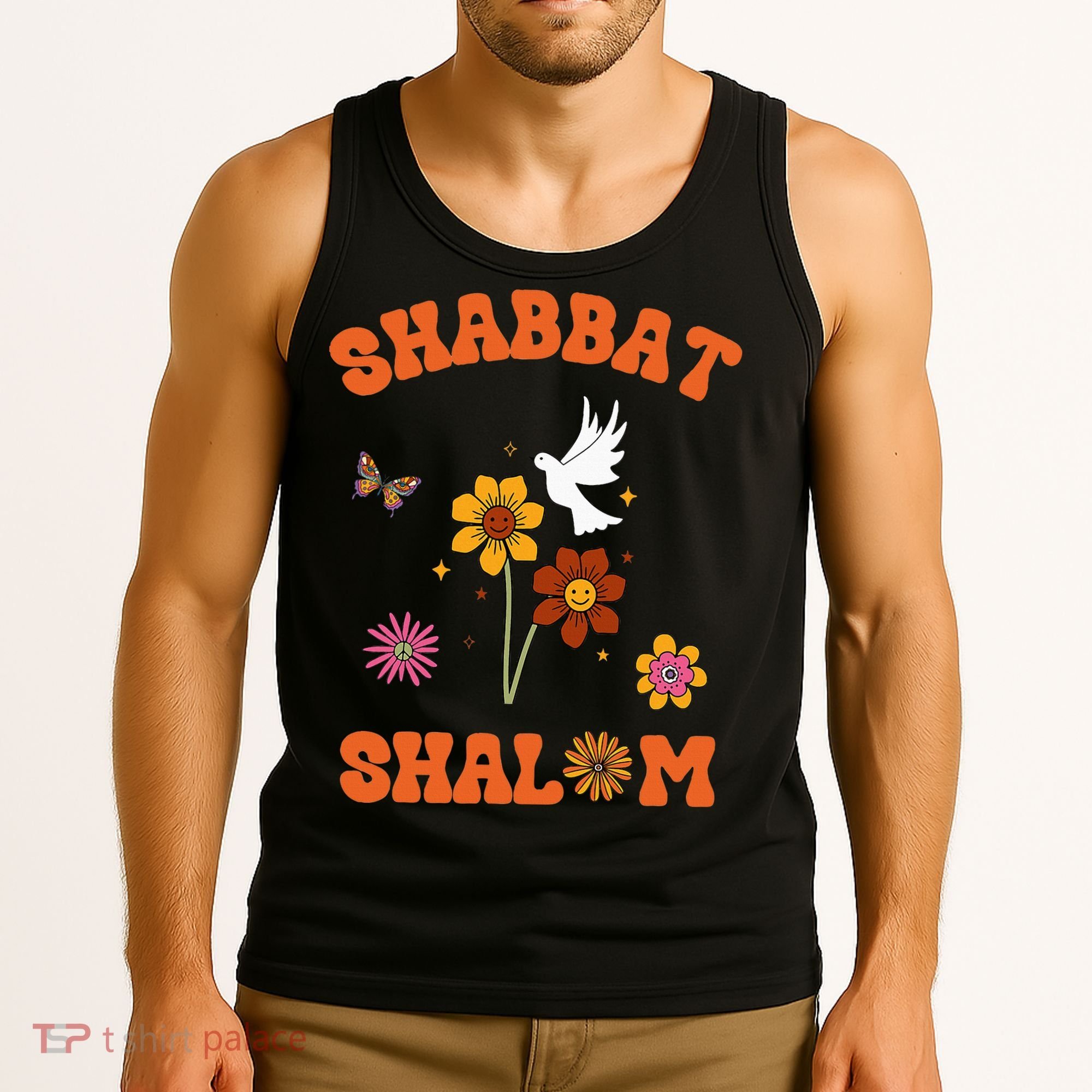 Shabbat Shalom Retro 60s 70s Groovy Hippie Flowers Peace Tank Top