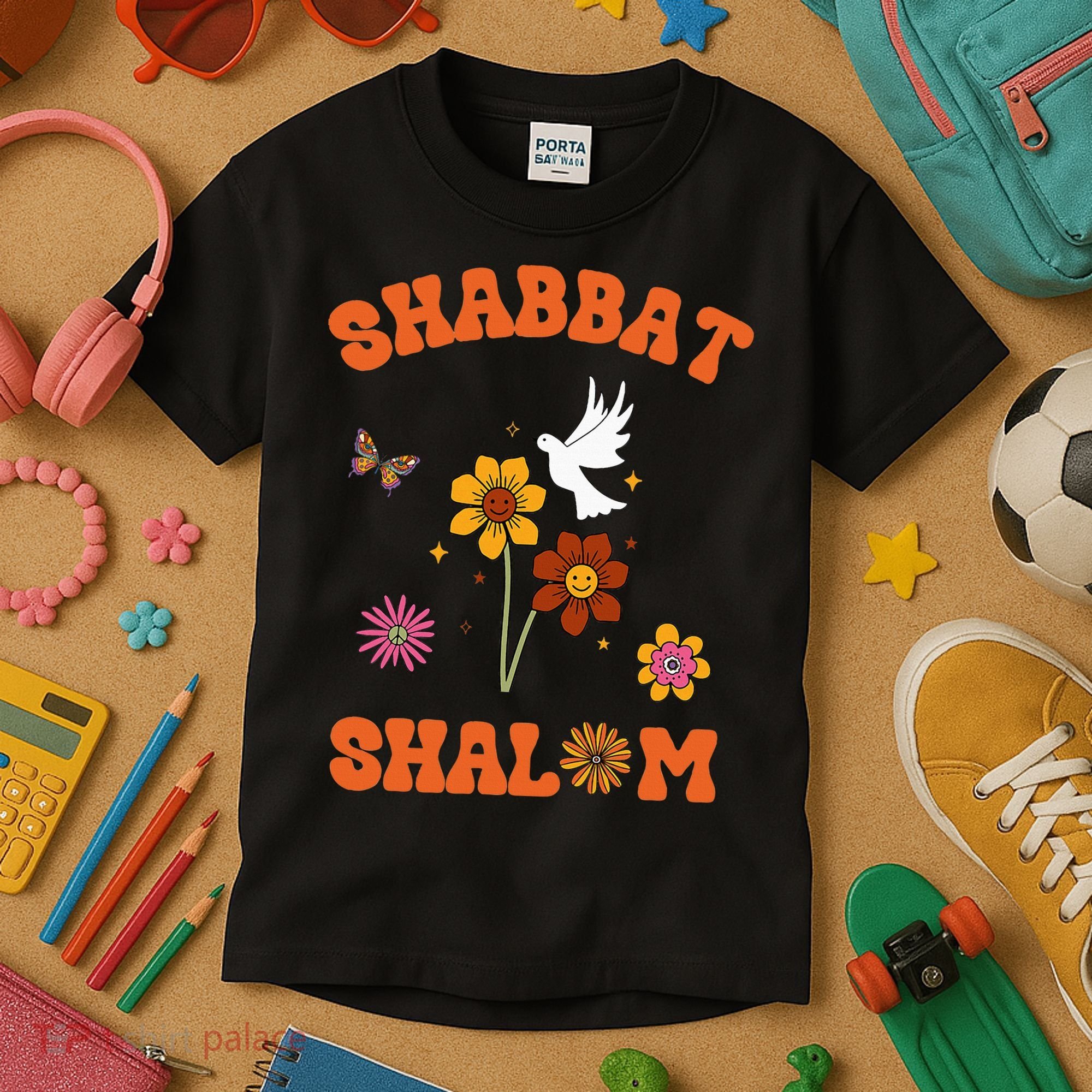 Shabbat Shalom Retro 60s 70s Groovy Hippie Flowers Peace Kids T-Shirt