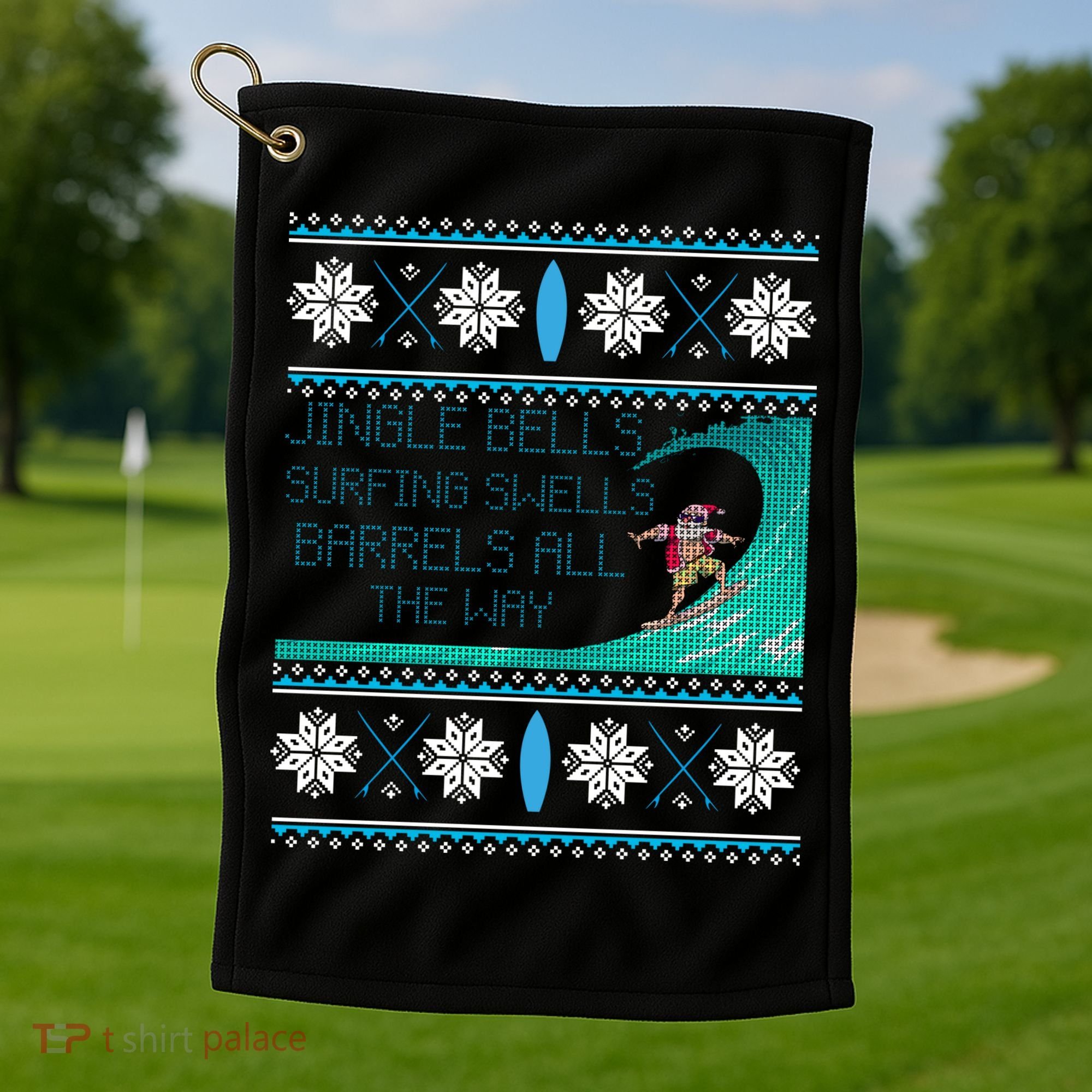 Surf Surfing Surfer Ugly Christmas Sweater Style Funny Gift Golf Towel