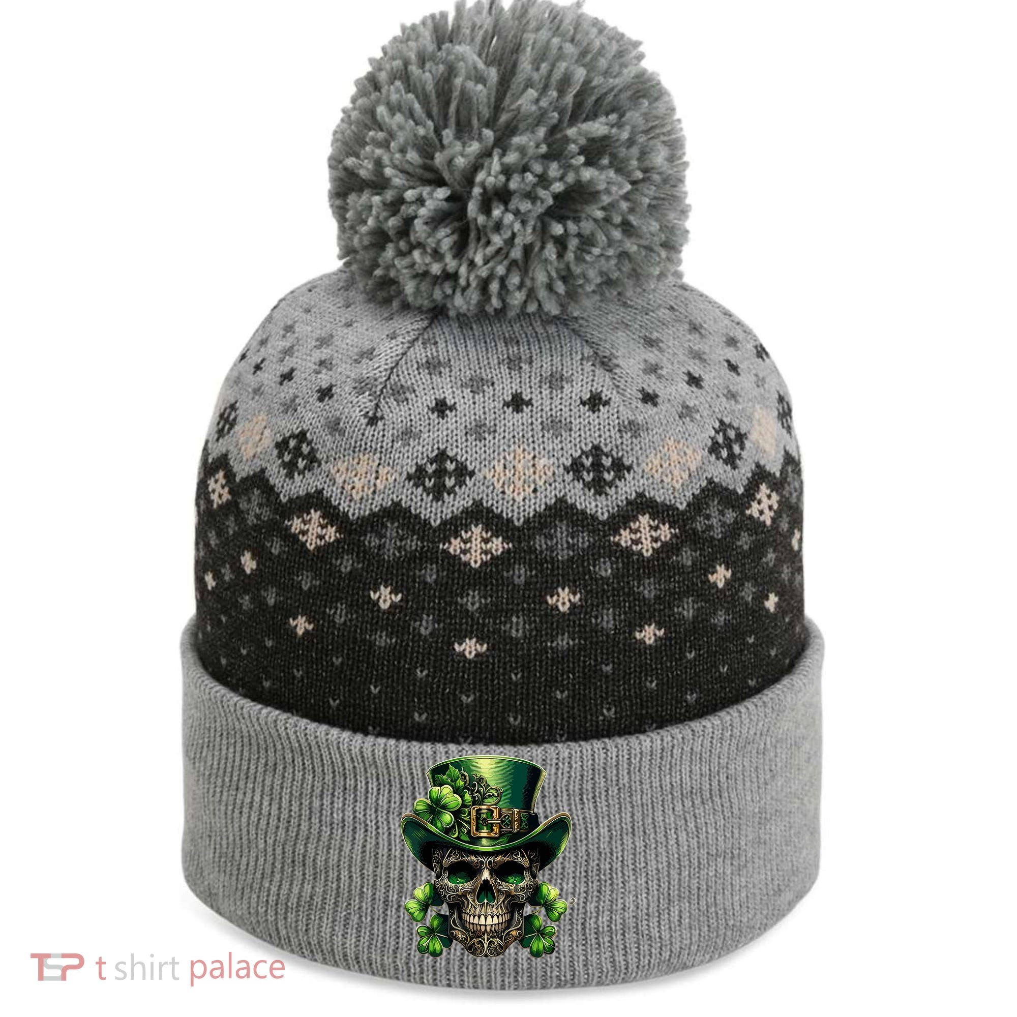 Sugar Skull St Patrick Day Of The Dead Lucky Shamrock The Baniff Cuffed Pom Beanie