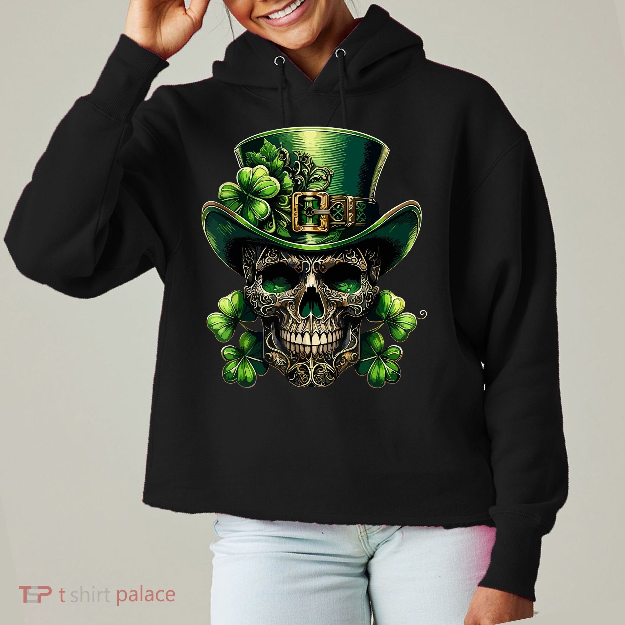 Sugar Skull St Patrick Day Of The Dead Lucky Shamrock Ladies Heavyweight Boxy Pullover Hoodie