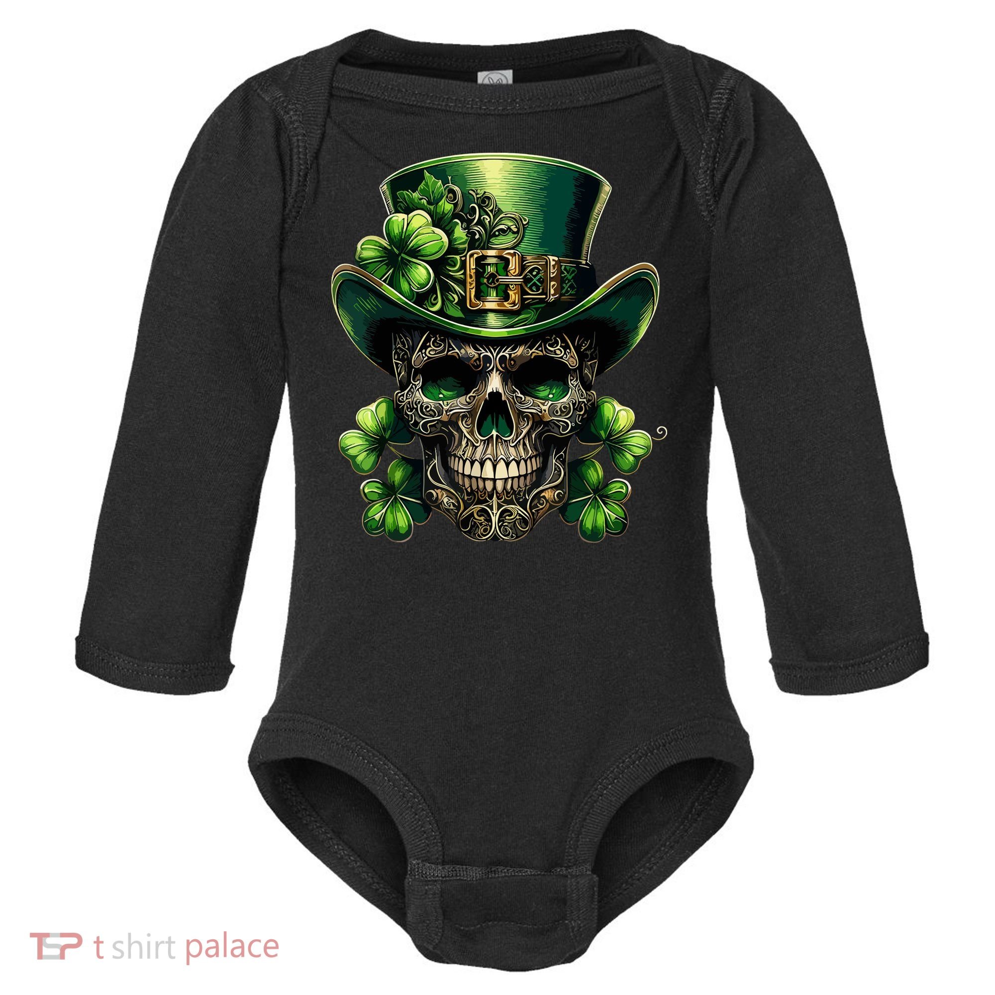 Sugar Skull St Patrick Day Of The Dead Lucky Shamrock Baby Long Sleeve Bodysuit