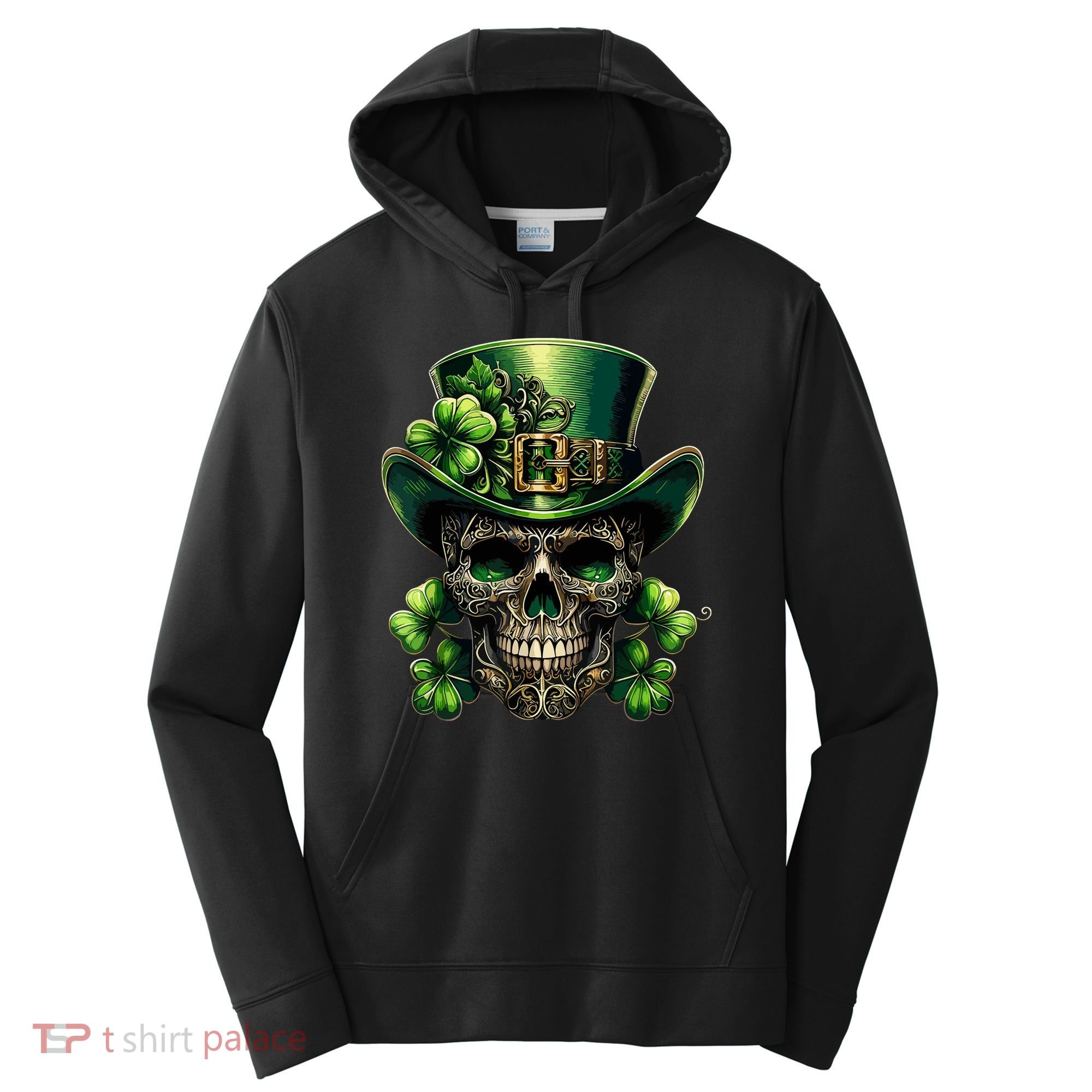 Sugar Skull St Patrick Day Of The Dead Lucky Shamrock Performance Fleece Hoodie